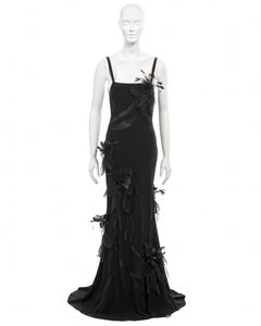 John Galliano black twill evening dress with floral feather appliqués, fw 2005