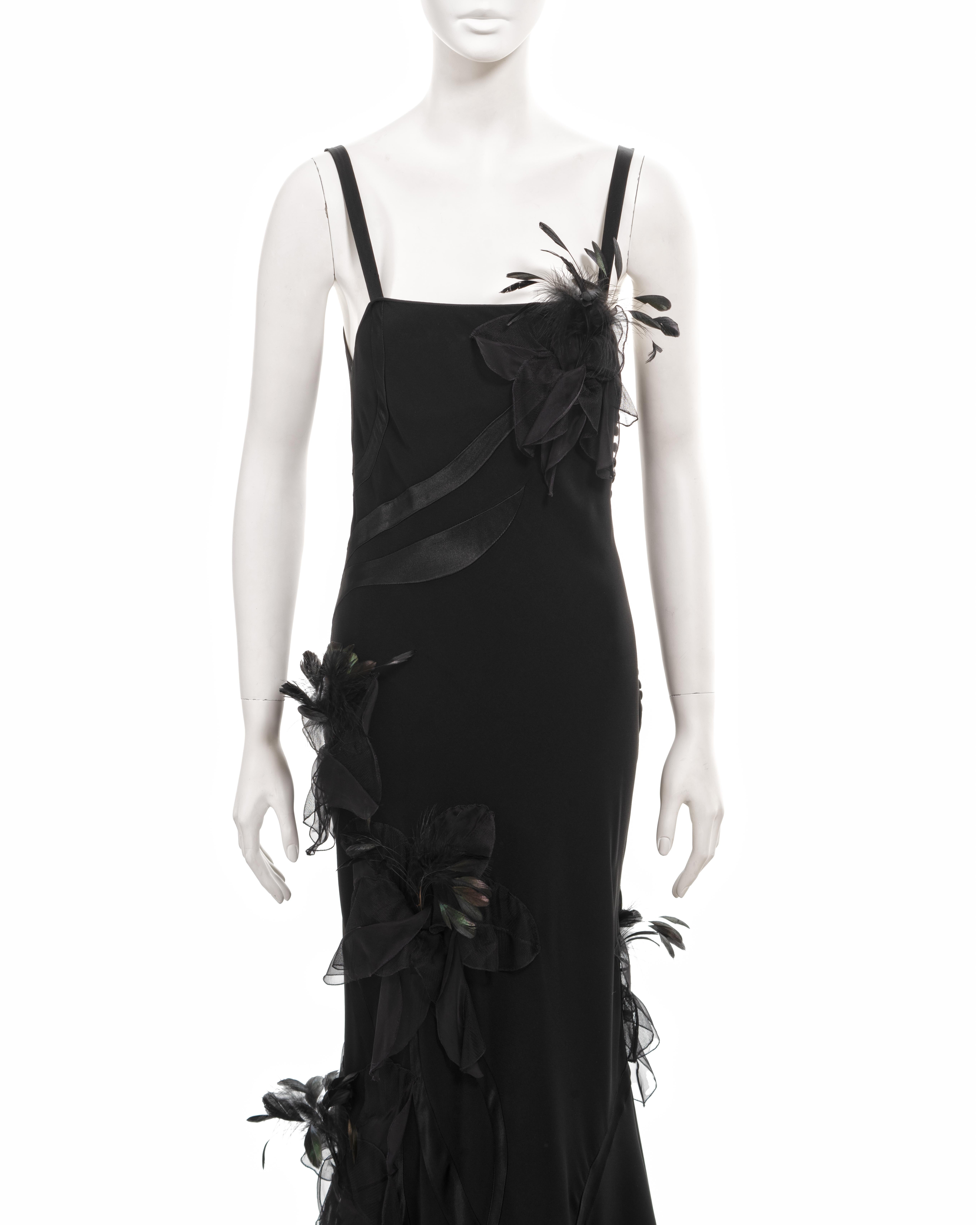 John Galliano black twill evening dress with floral feather appliqués, fw 2005 In Excellent Condition For Sale In London, GB