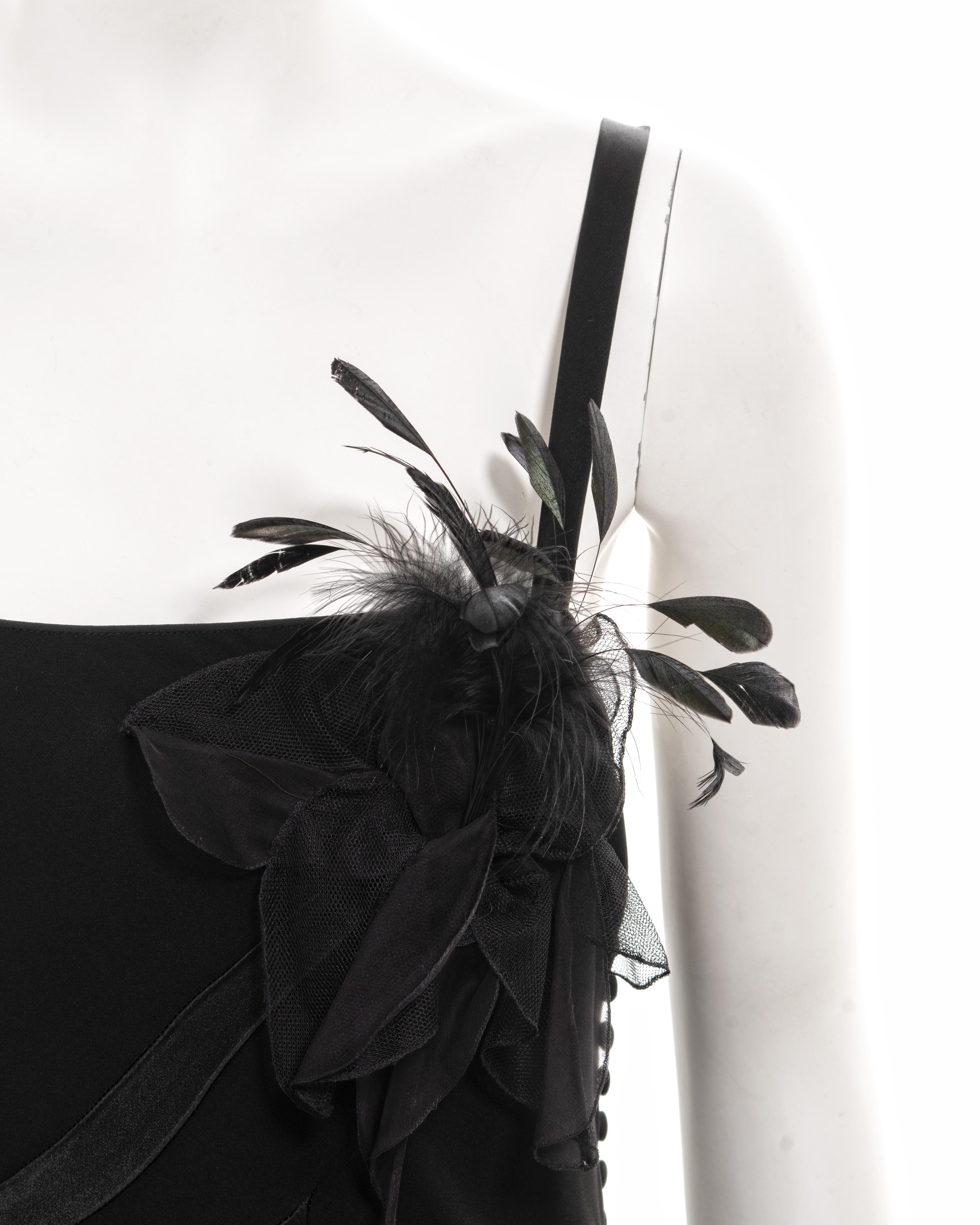 Women's John Galliano black twill evening dress with floral feather appliqués, fw 2005 For Sale