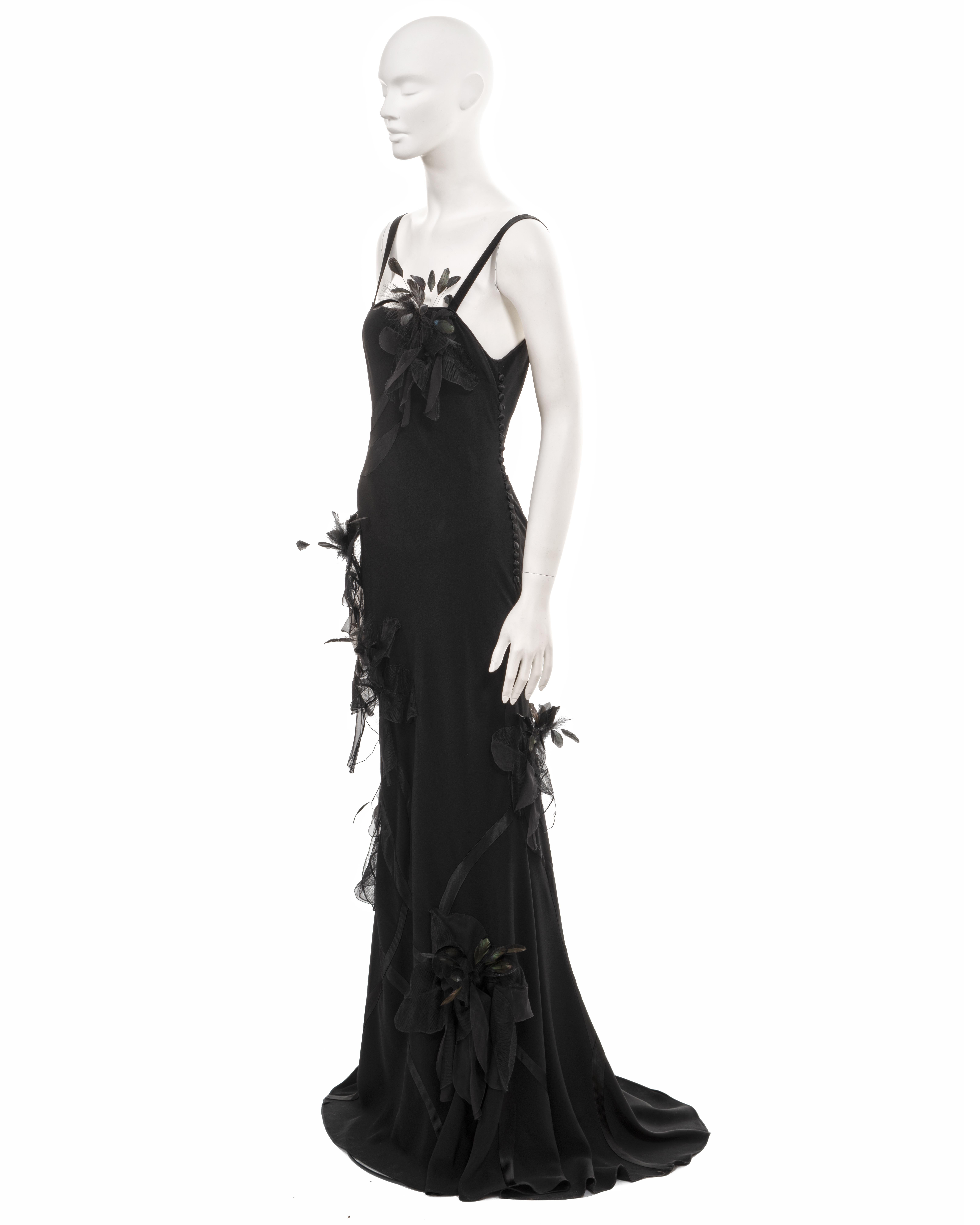 John Galliano black twill evening dress with floral feather appliqués, fw 2005 For Sale 1