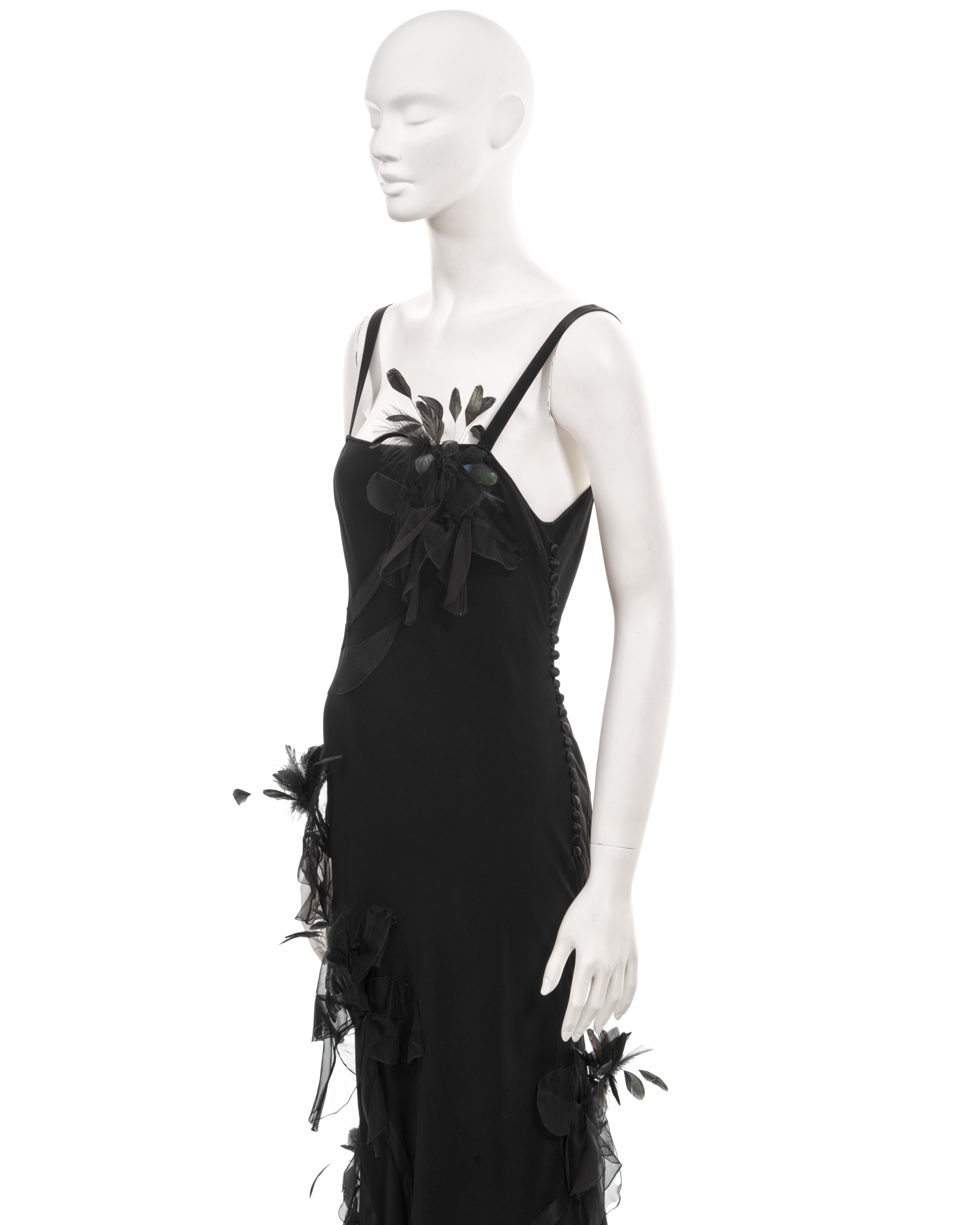 John Galliano black twill evening dress with floral feather appliqués, fw 2005 For Sale 2