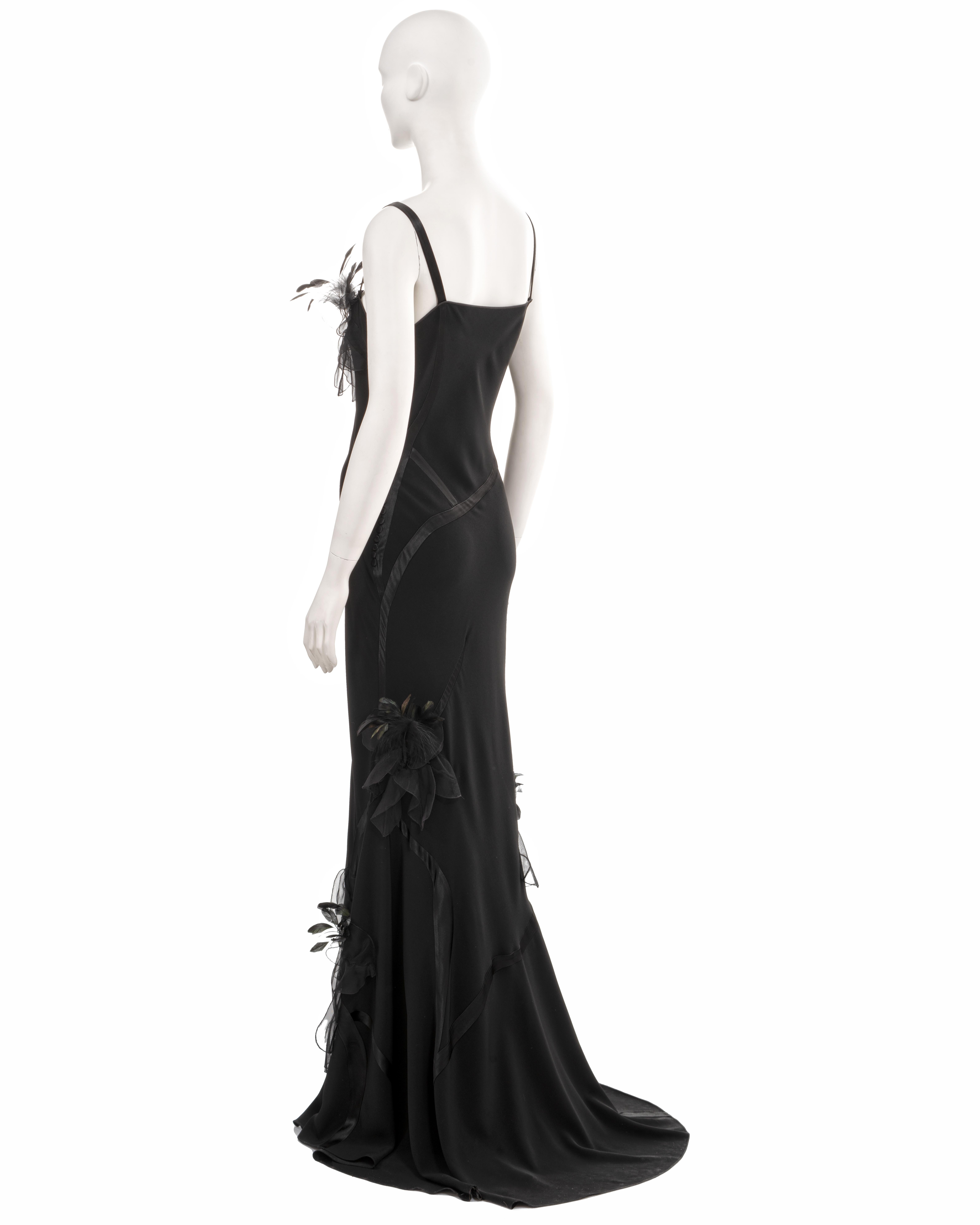 John Galliano black twill evening dress with floral feather appliqués, fw 2005 For Sale 2