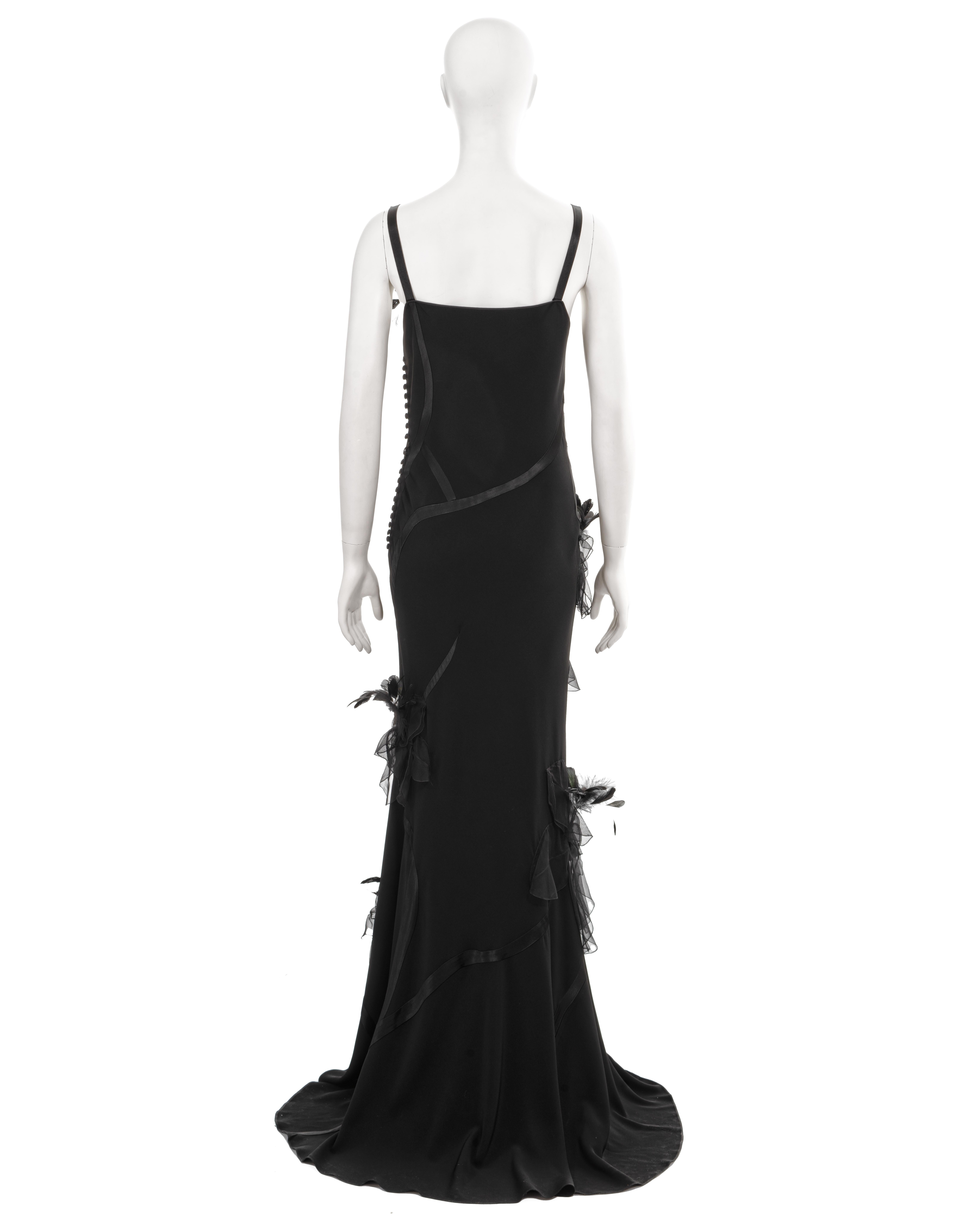 John Galliano black twill evening dress with floral feather appliqués, fw 2005 For Sale 4