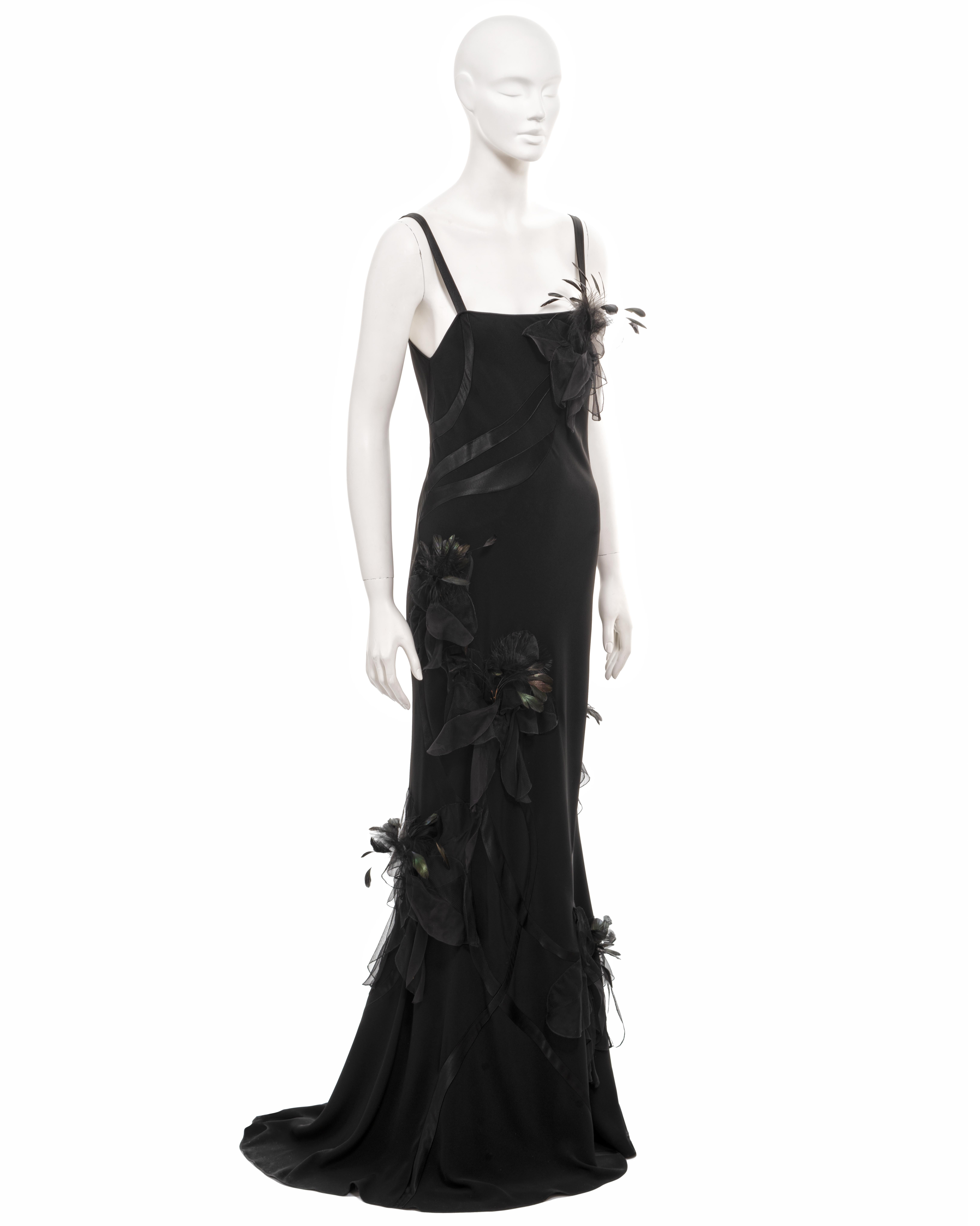 John Galliano black twill evening dress with floral feather appliqués, fw 2005 For Sale 5