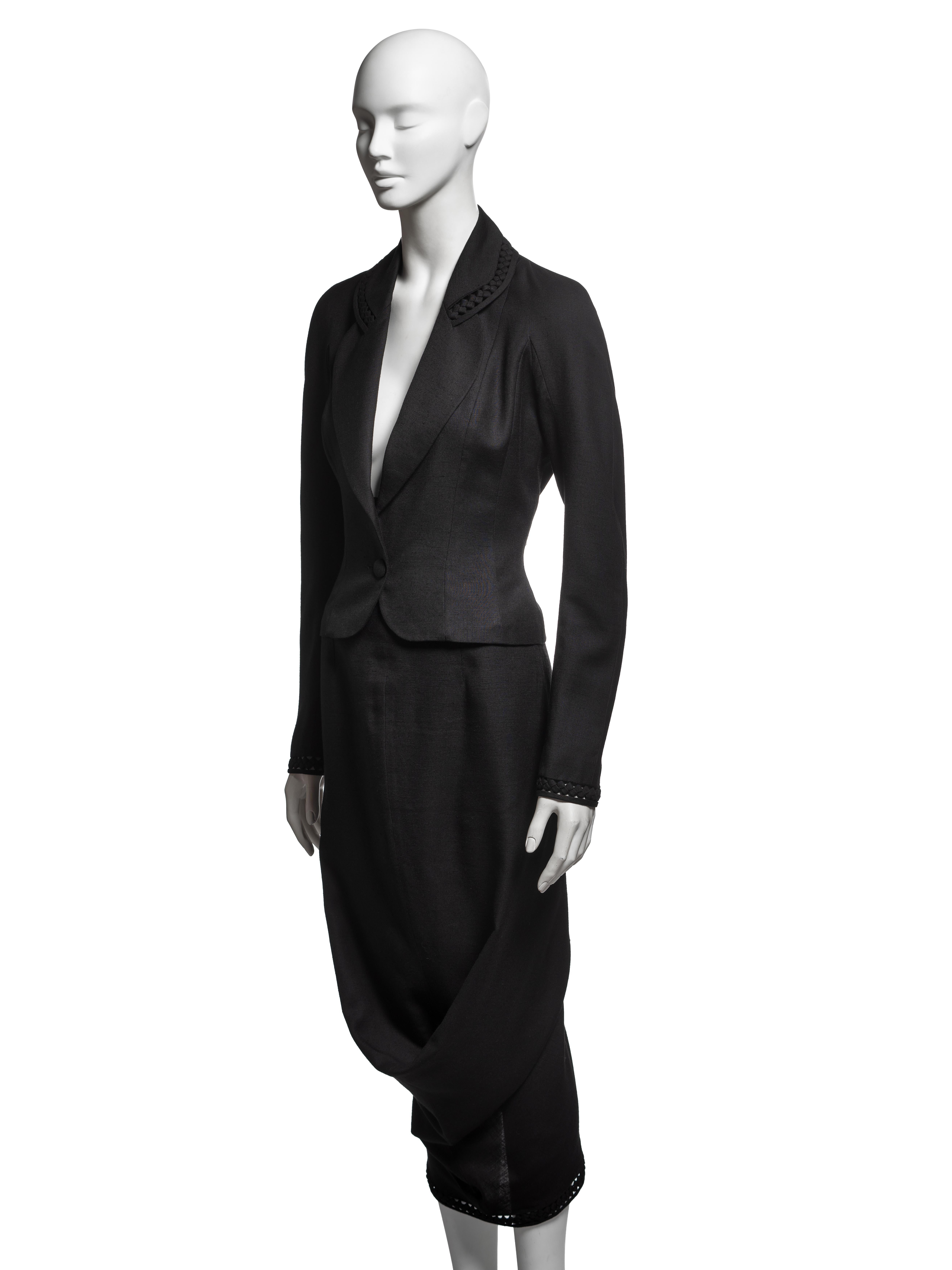 John Galliano Black Wool Linen Draped Blazer and Skirt Suit Ensemble, SS 1999 in vendita 5