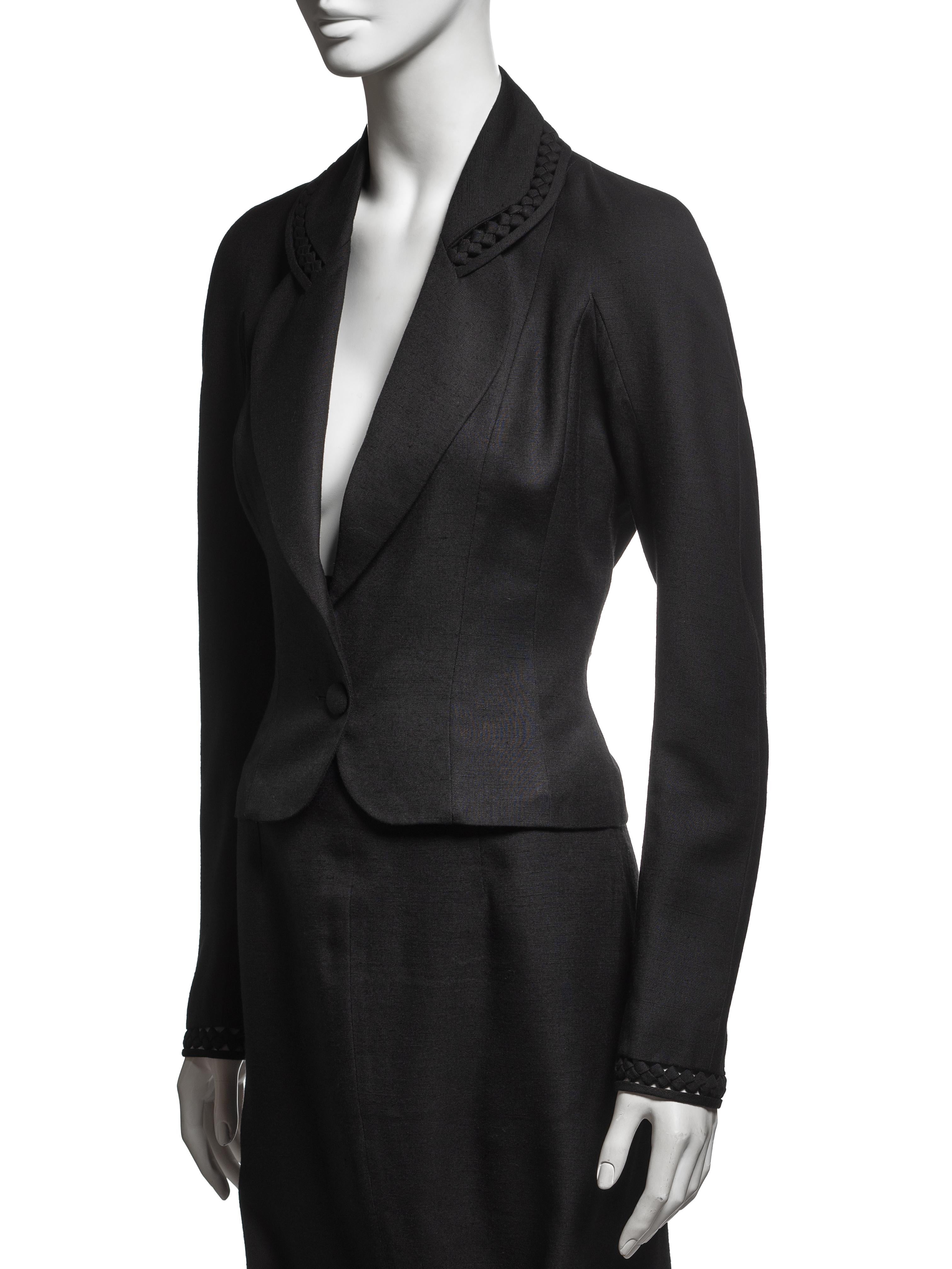 John Galliano Black Wool Linen Draped Blazer and Skirt Suit Ensemble, SS 1999 in vendita 6