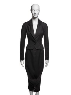 John Galliano Black Wool Linen Draped Blazer and Skirt Suit Ensemble, SS 1999