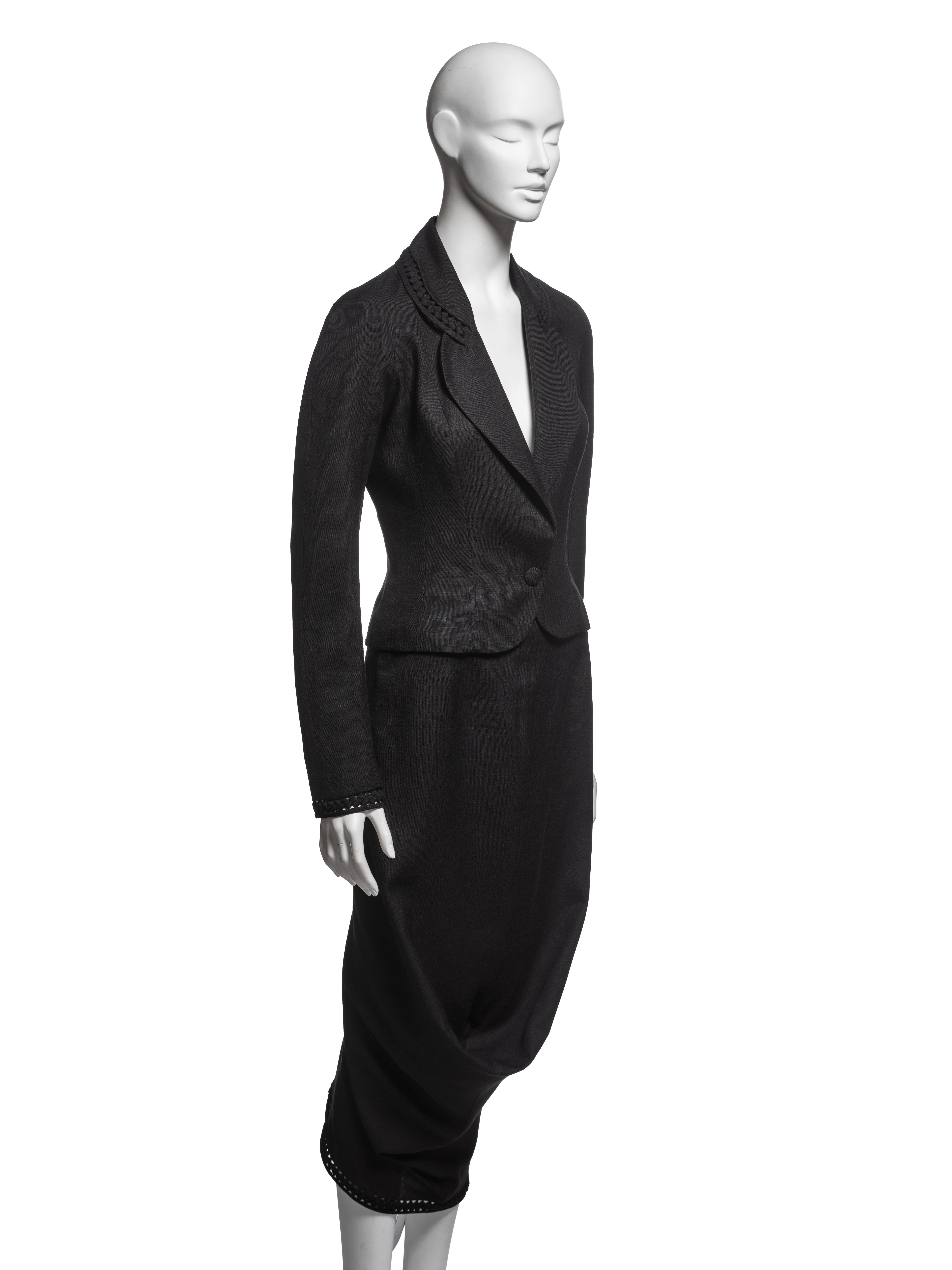 John Galliano Black Wool Linen Draped Blazer and Skirt Suit Ensemble, SS 1999 in vendita 1