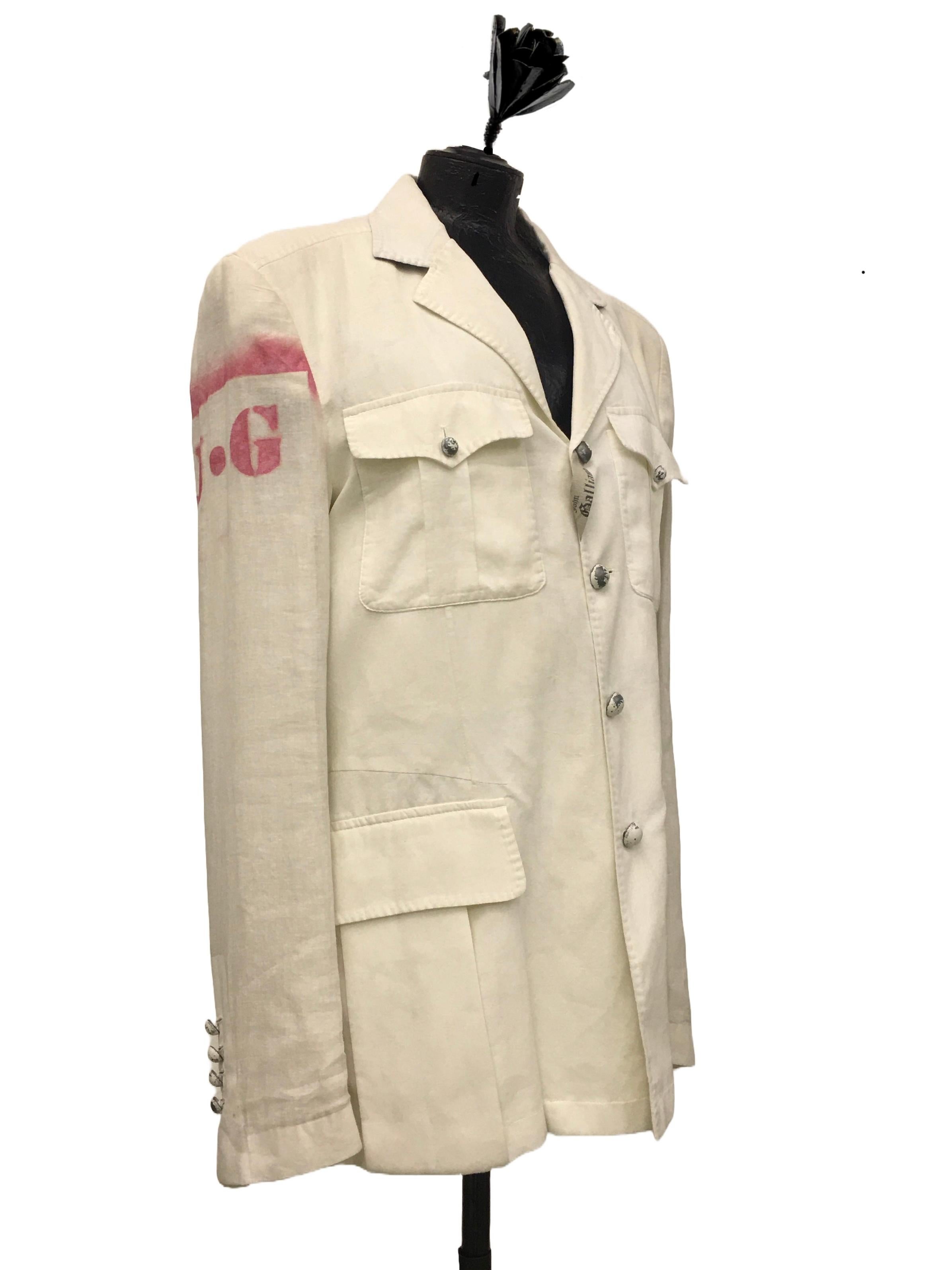 John Galliano Blazer militare bianco panna in cotone collezione uomo SS 2008 Pour hommes en vente