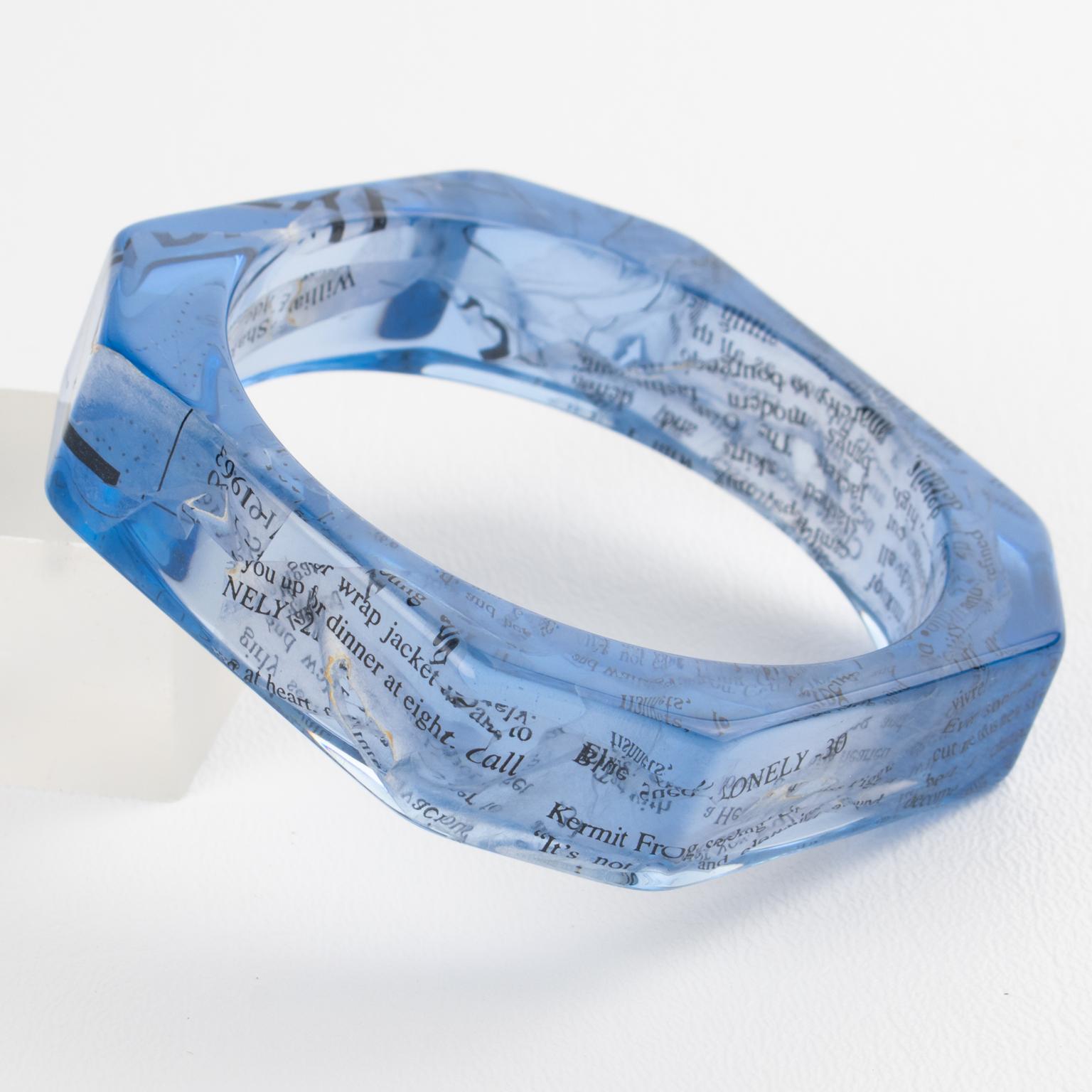 Modern John Galliano Blue Acrylic Resin Bracelet Bangle with Newspaper Inclusions For Sale