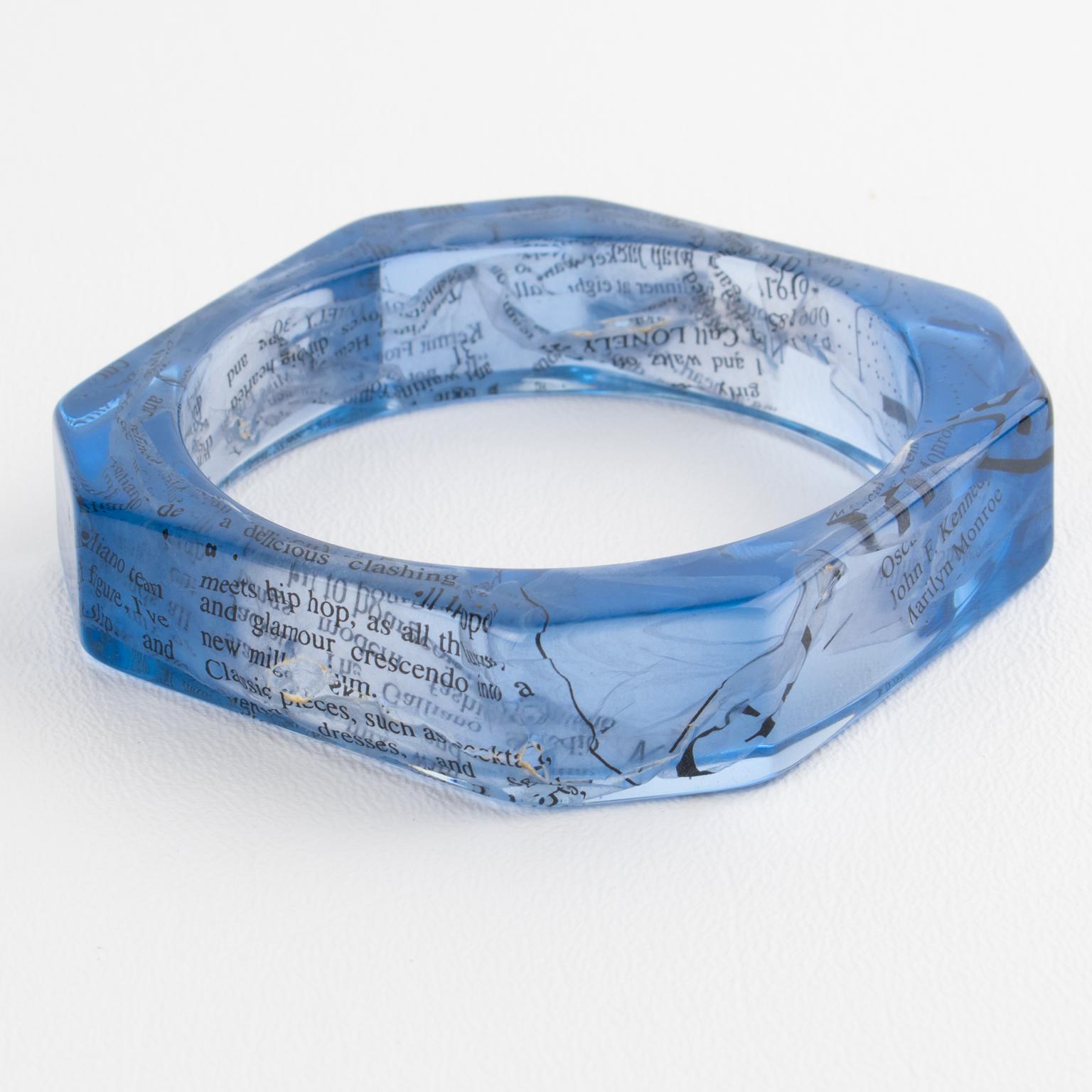 Women's or Men's John Galliano Blue Acrylic Resin Bracelet Bangle with Newspaper Inclusions For Sale
