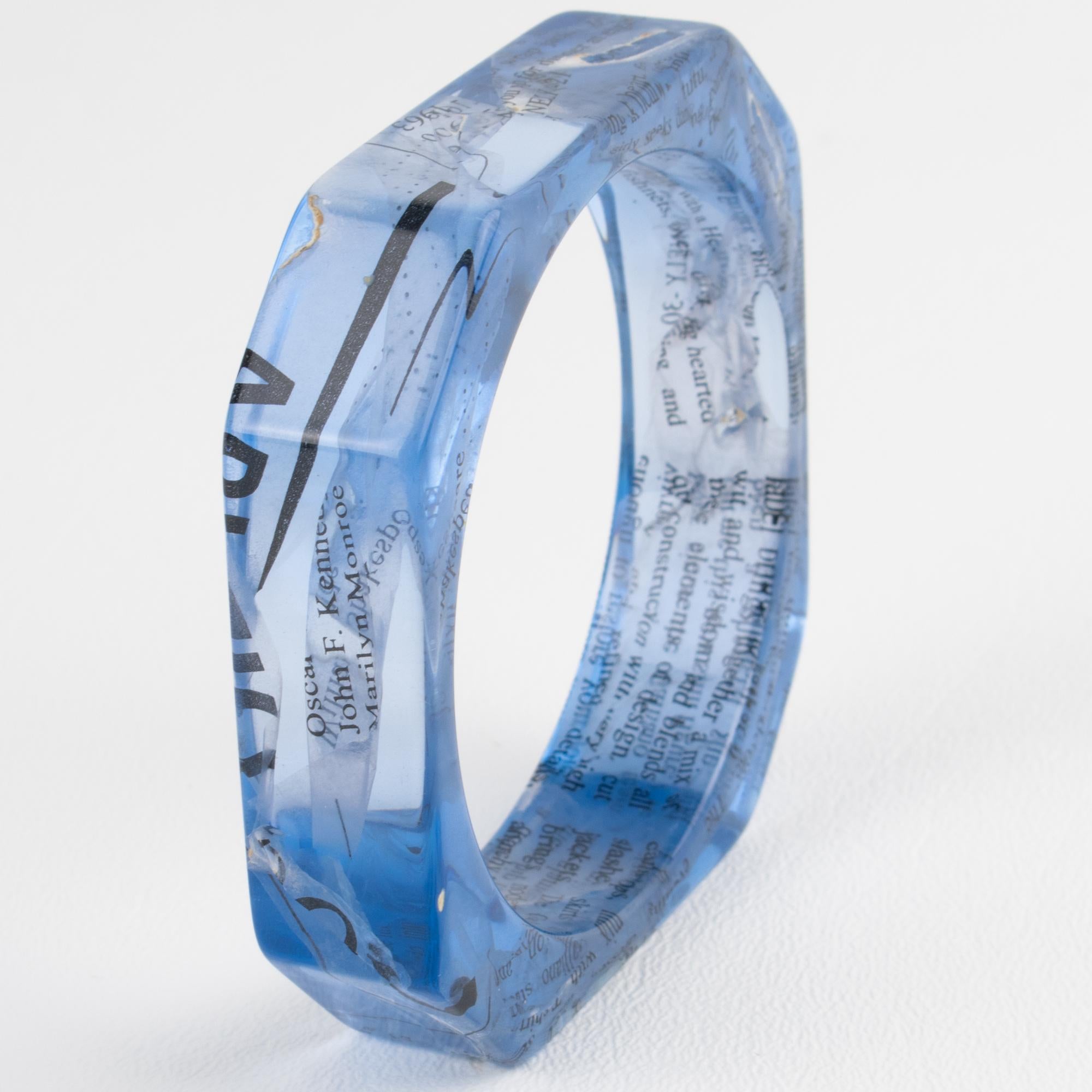 John Galliano Blue Acrylic Resin Bracelet Bangle with Newspaper Inclusions For Sale 1