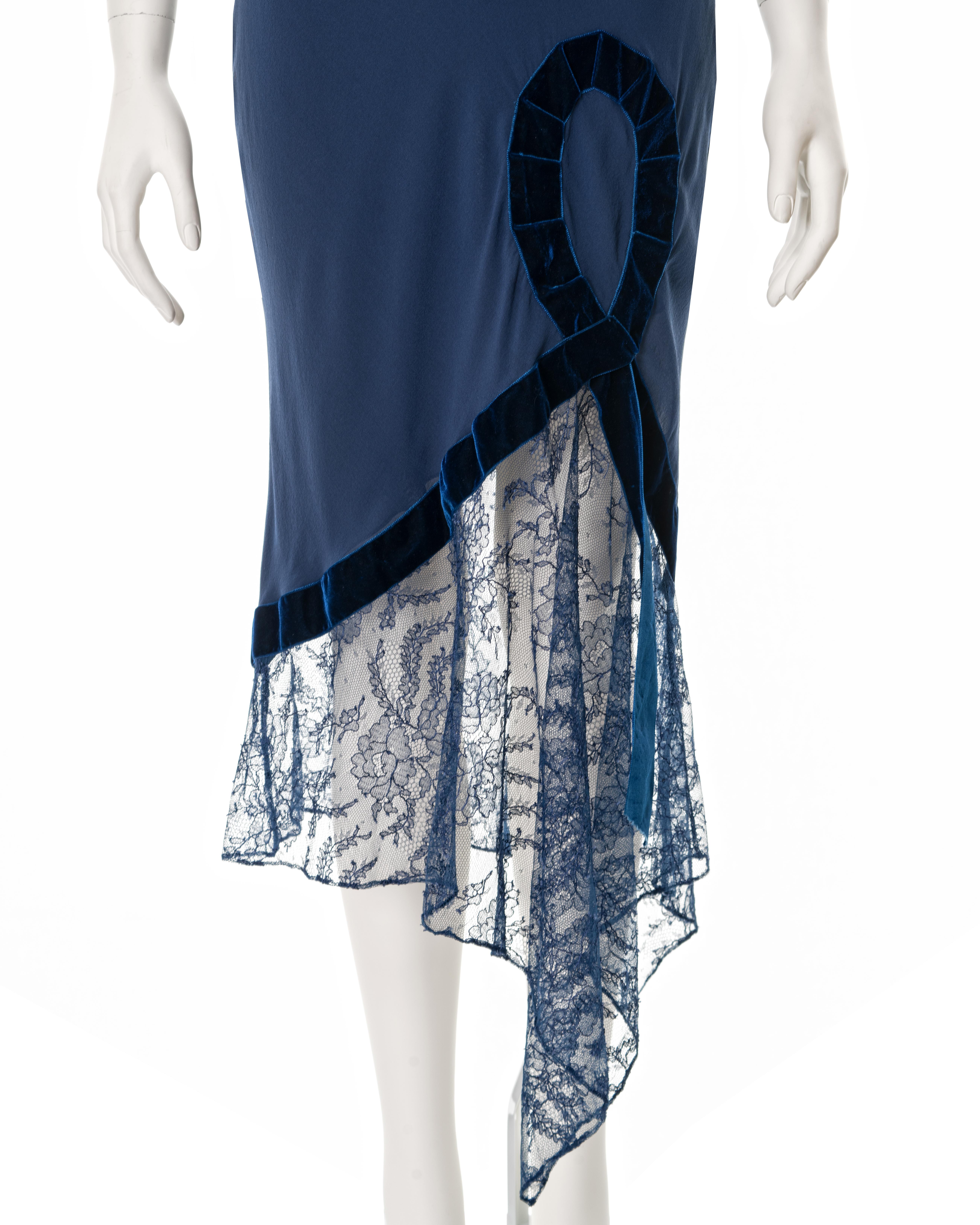 John Galliano blue bias-cut silk dress with velvet ribbon and lace, fw 2001 In Excellent Condition In London, GB