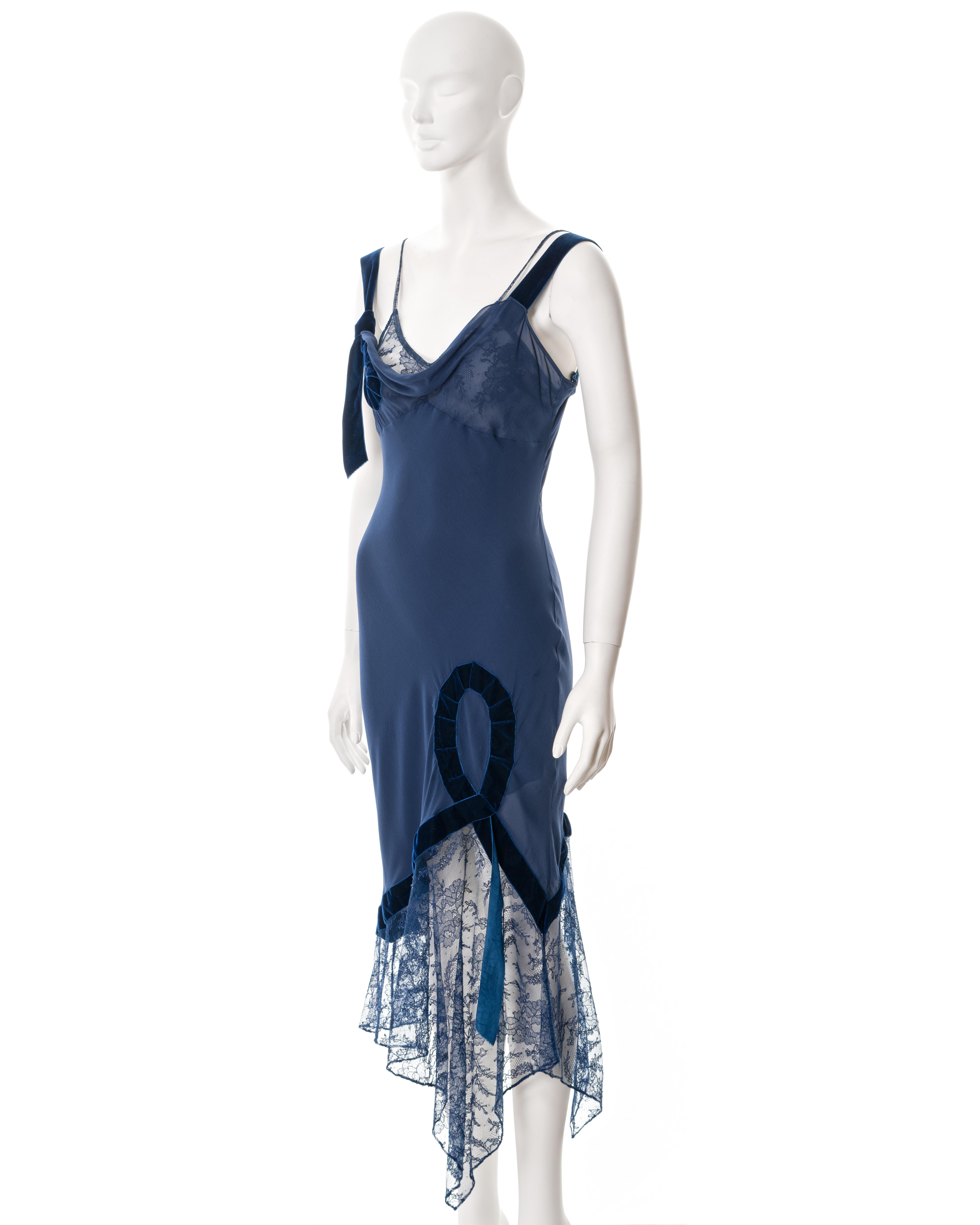 John Galliano blue bias-cut silk dress with velvet ribbon and lace, fw 2001 1
