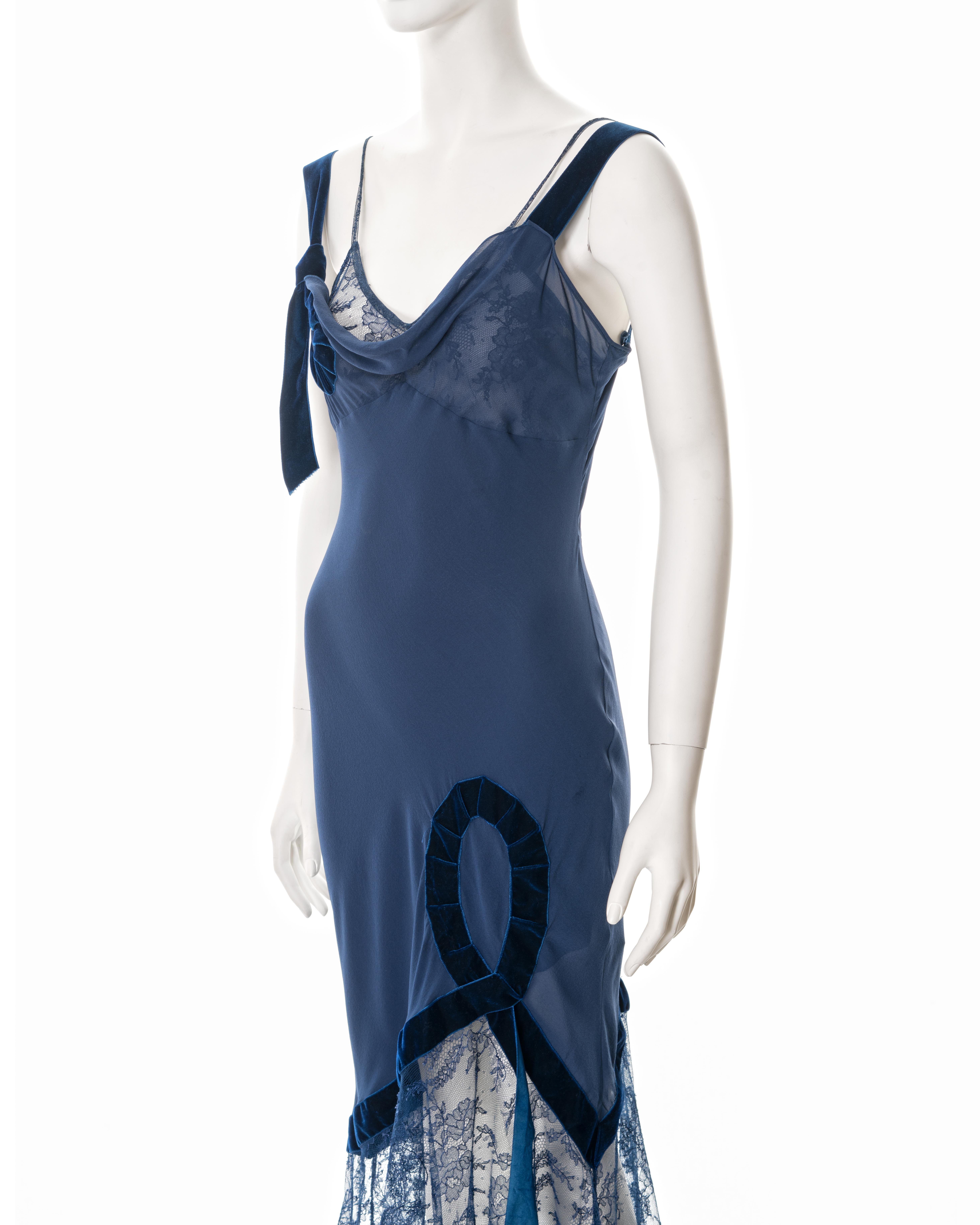 John Galliano blue bias-cut silk dress with velvet ribbon and lace, fw 2001 2