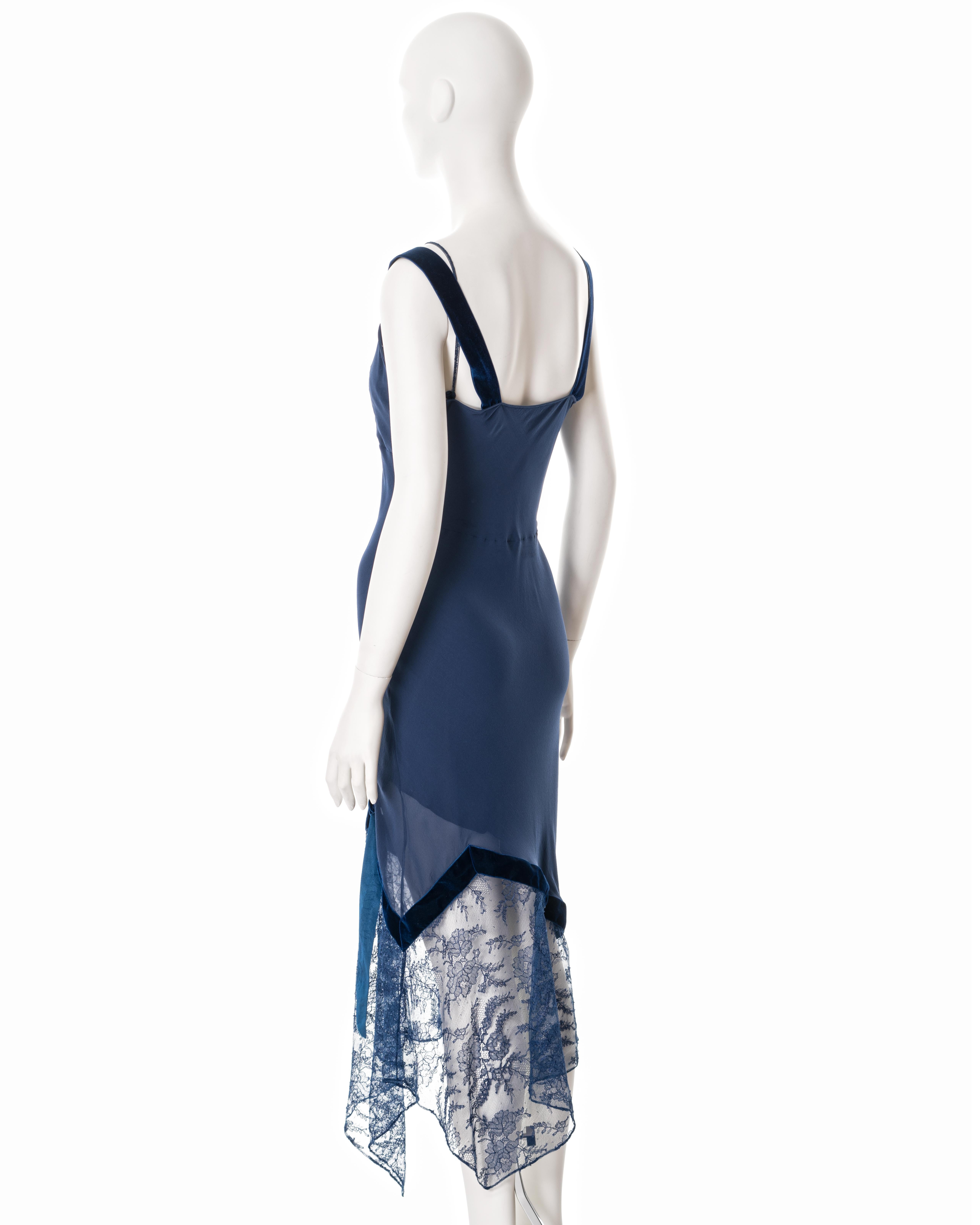 John Galliano blue bias-cut silk dress with velvet ribbon and lace, fw 2001 3