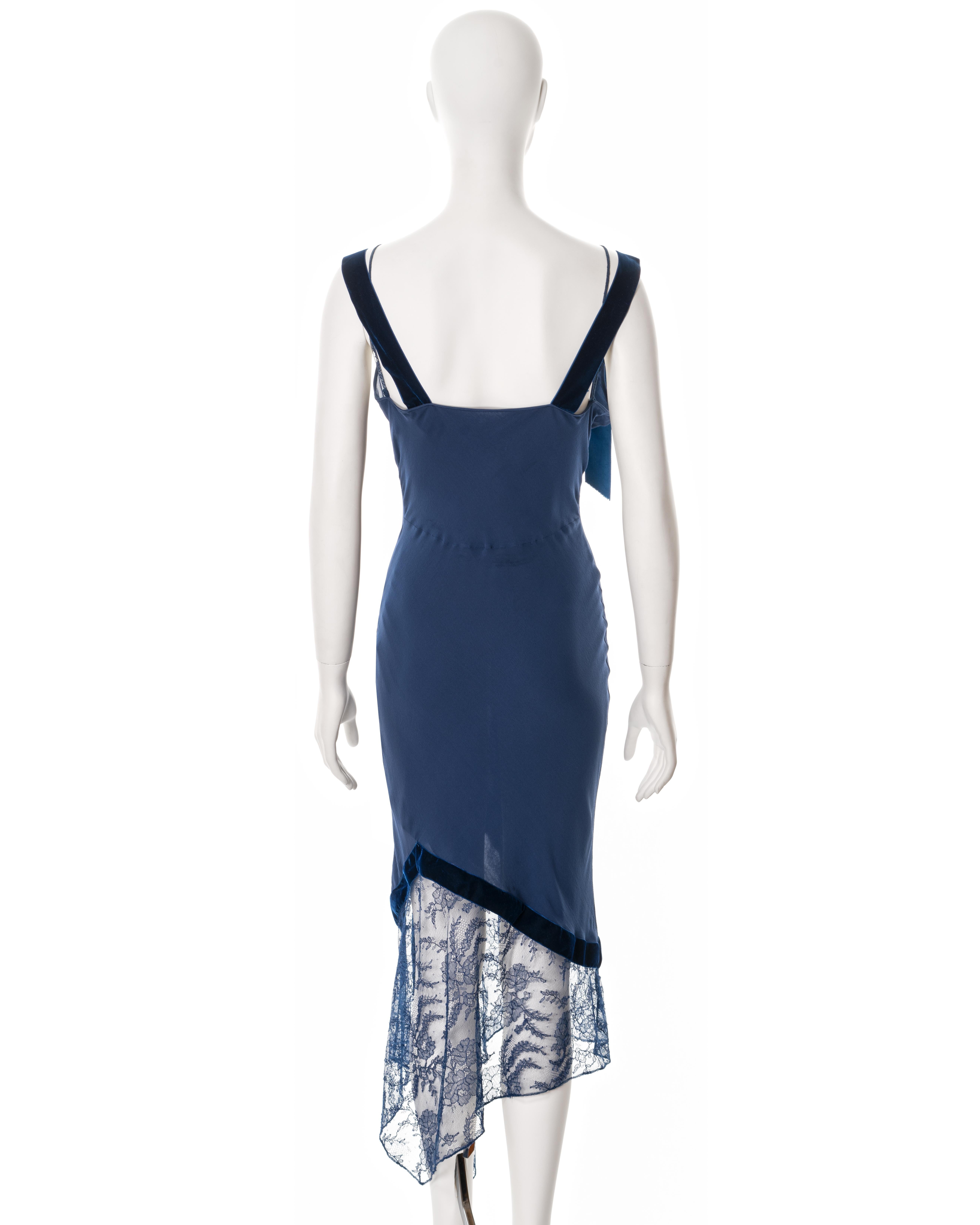 John Galliano blue bias-cut silk dress with velvet ribbon and lace, fw 2001 4