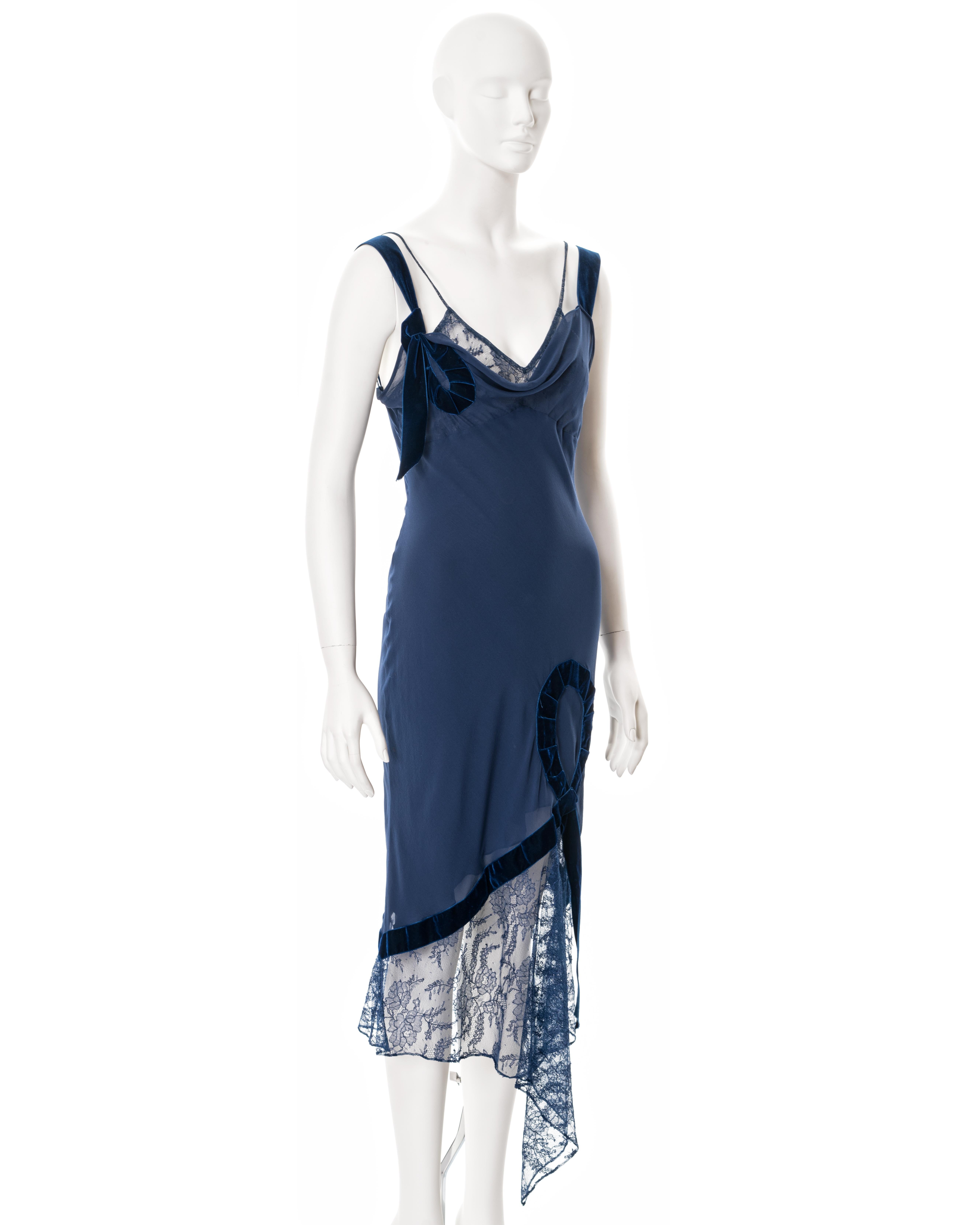 John Galliano blue bias-cut silk dress with velvet ribbon and lace, fw 2001 5