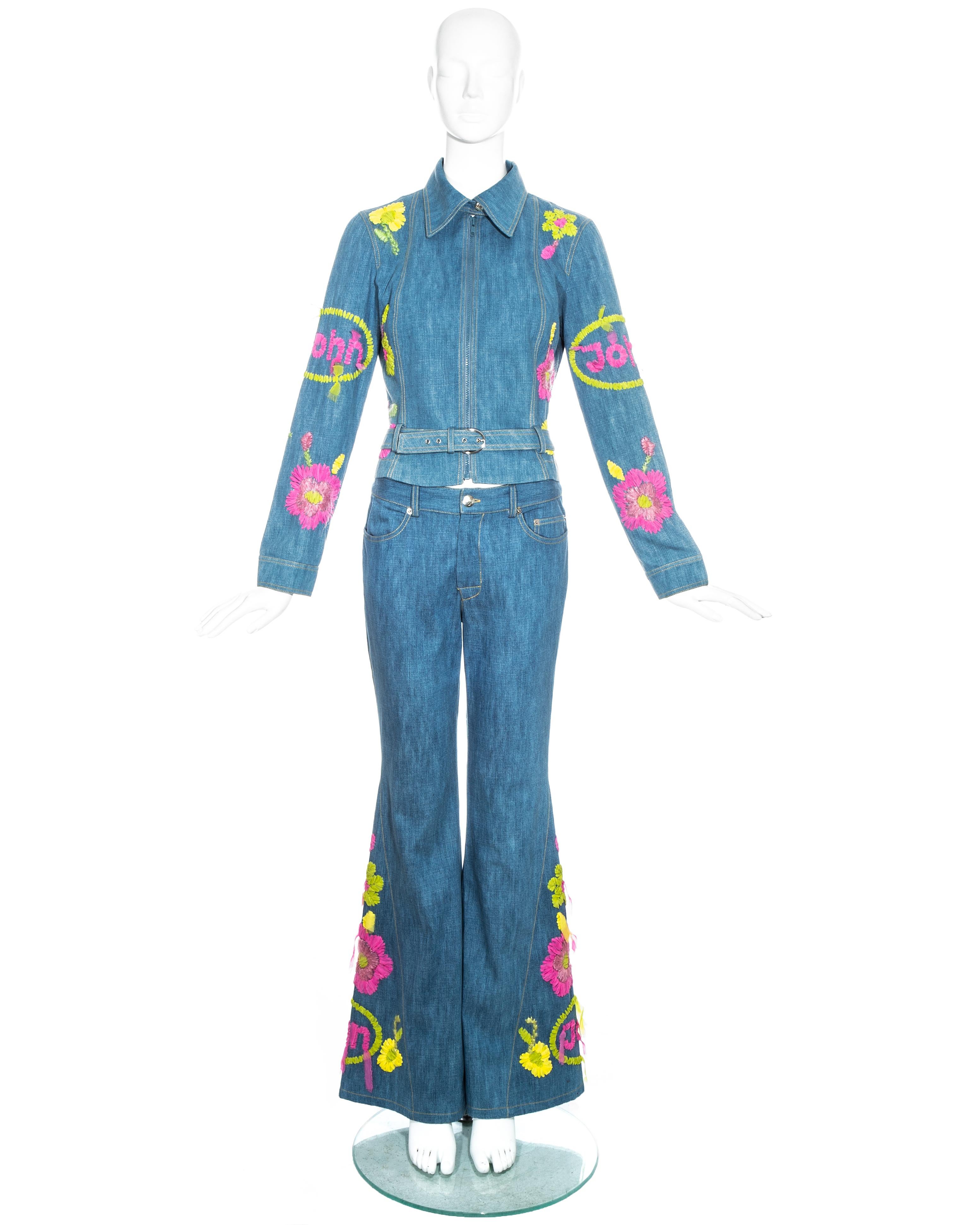 John Galliano blue cotton denim flared pant suit with multicoloured ribbon embroidery throughout.

Spring-Summer 2002