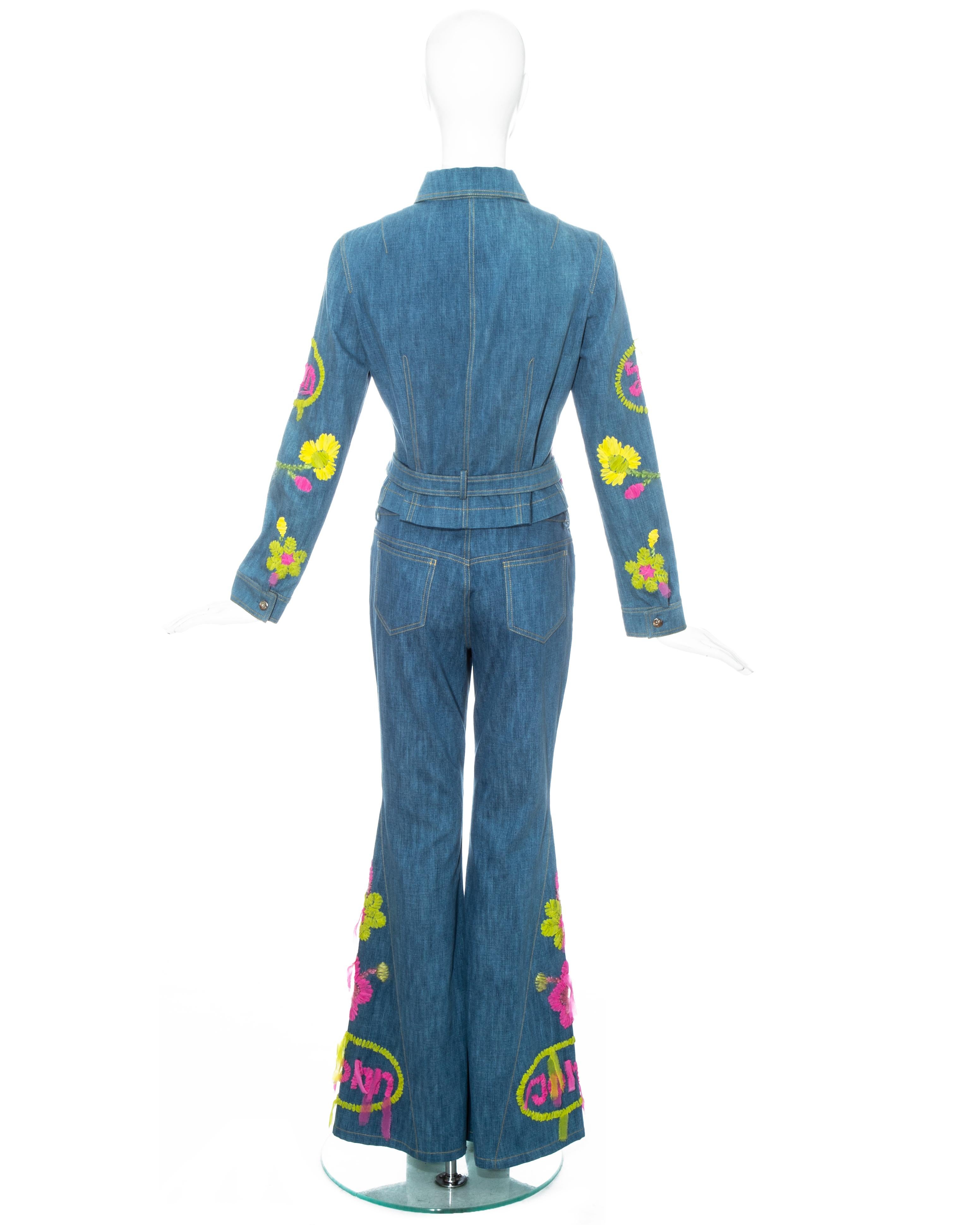Blue John Galliano blue cotton denim embroidered flared pant suit, ss 2002