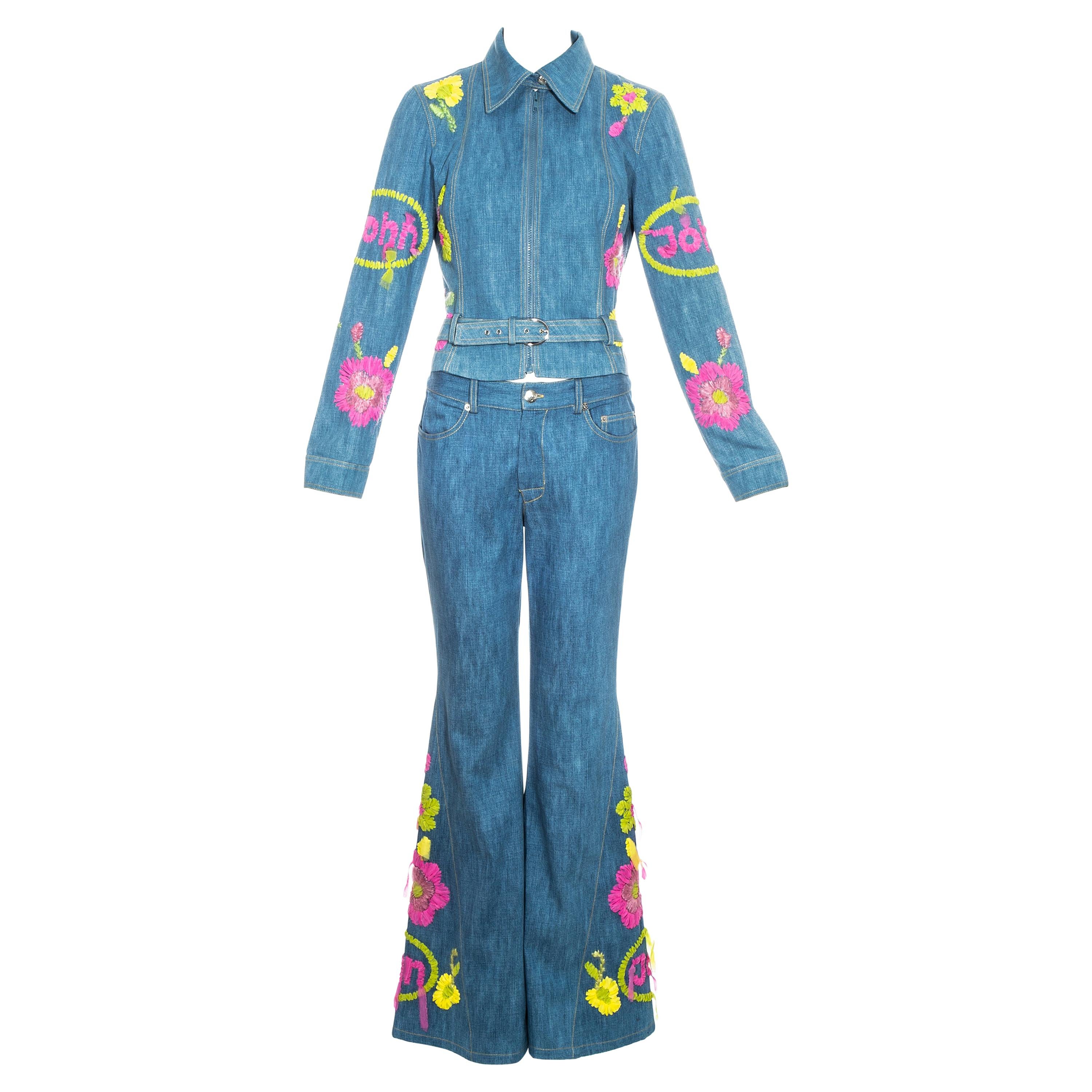 John Galliano blue cotton denim embroidered flared pant suit, ss 2002