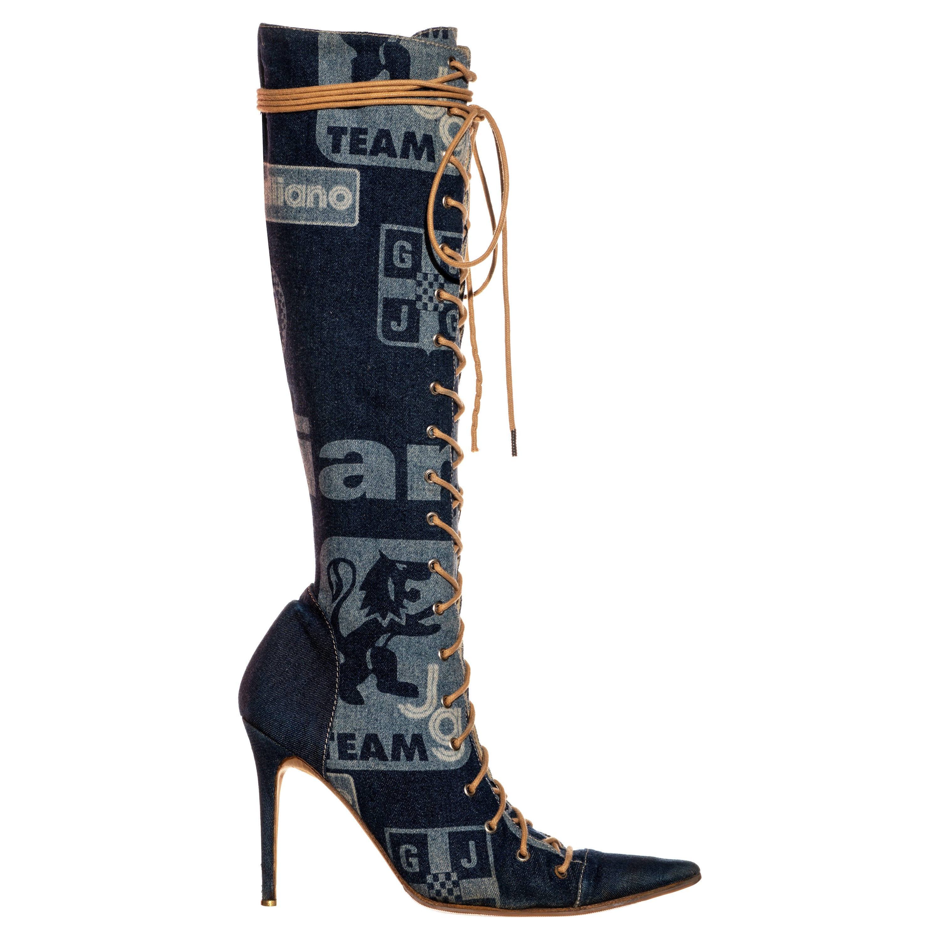 Kniehohe Stiefel aus blauem Denim von John Galliano mit Schnürung, ss 2002