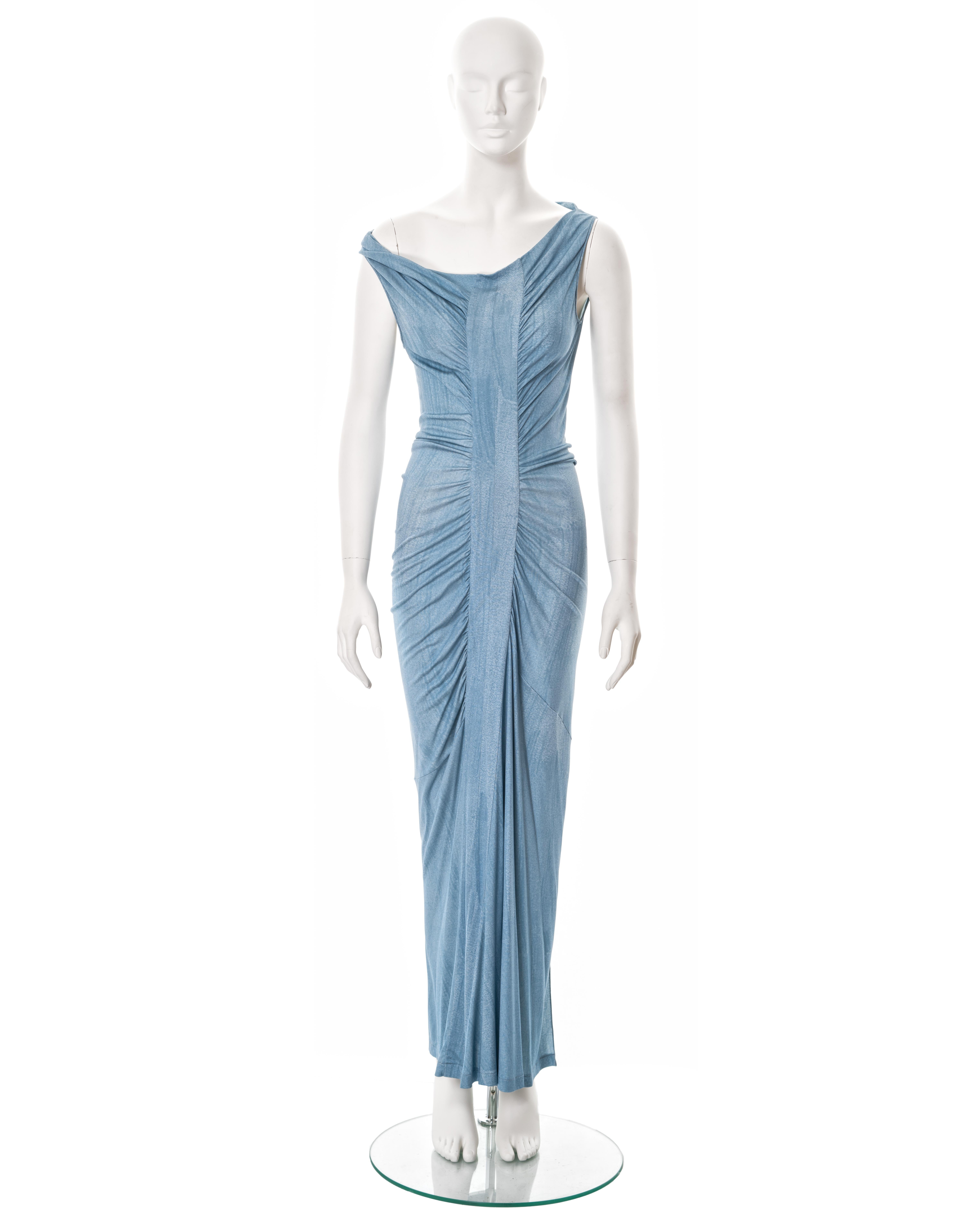 ▪ John Galliano maxi dress
▪ Spring-Summer 2007
▪ Constructed from blue silk jersey with a brush-stroke trompe l'oeil print 
▪ Wide draped neckline
▪ Vertical panel at the centre-front
▪ Gathered seams produce ruching around the waist and hips 
▪