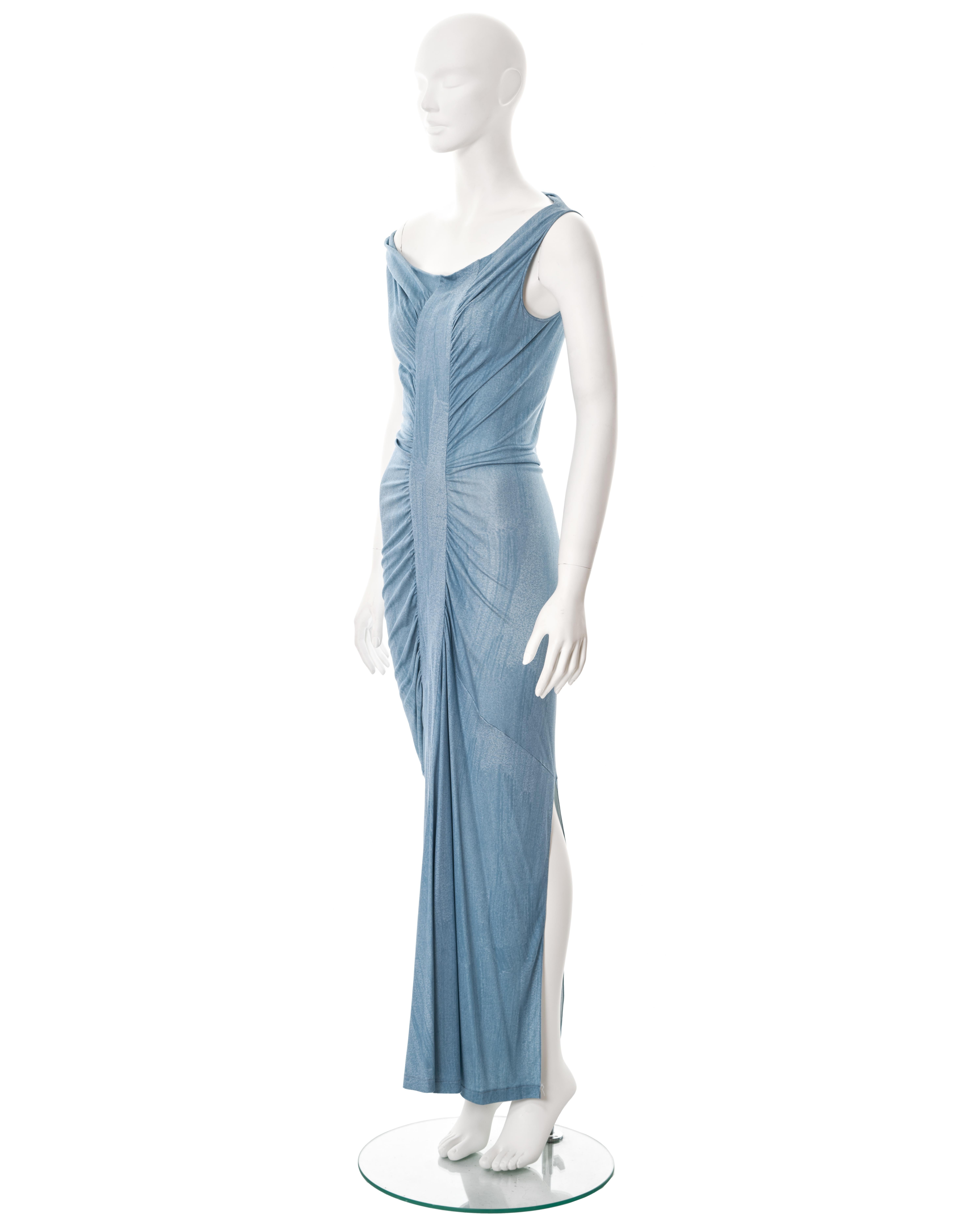 John Galliano blue printed silk jersey ruched maxi dress, ss 2007 3