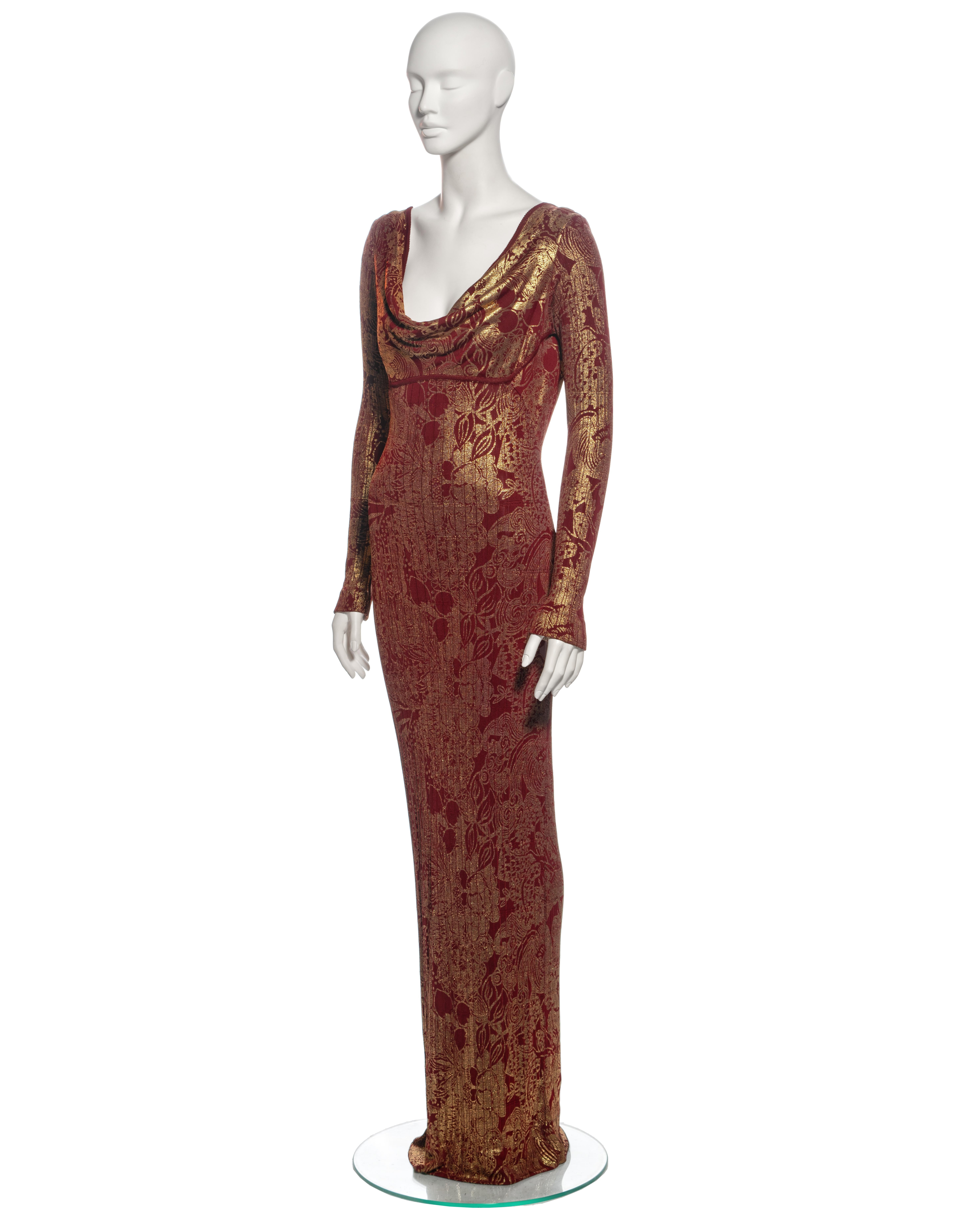 John Galliano Bordeaux Knit Evening Dress with Gold Foil Floral Print, fw 1998 For Sale 6