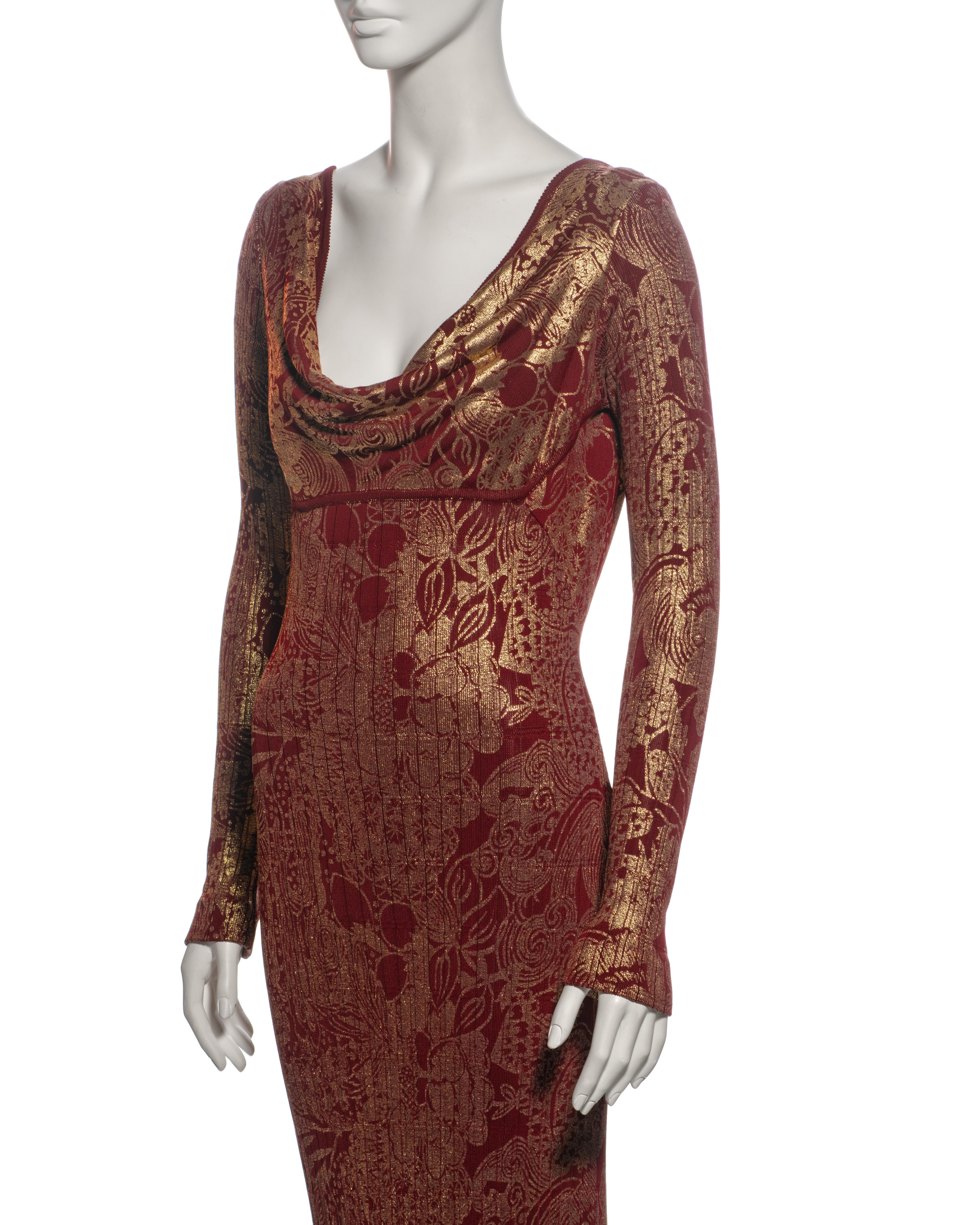John Galliano Bordeaux Knit Evening Dress with Gold Foil Floral Print, fw 1998 For Sale 7