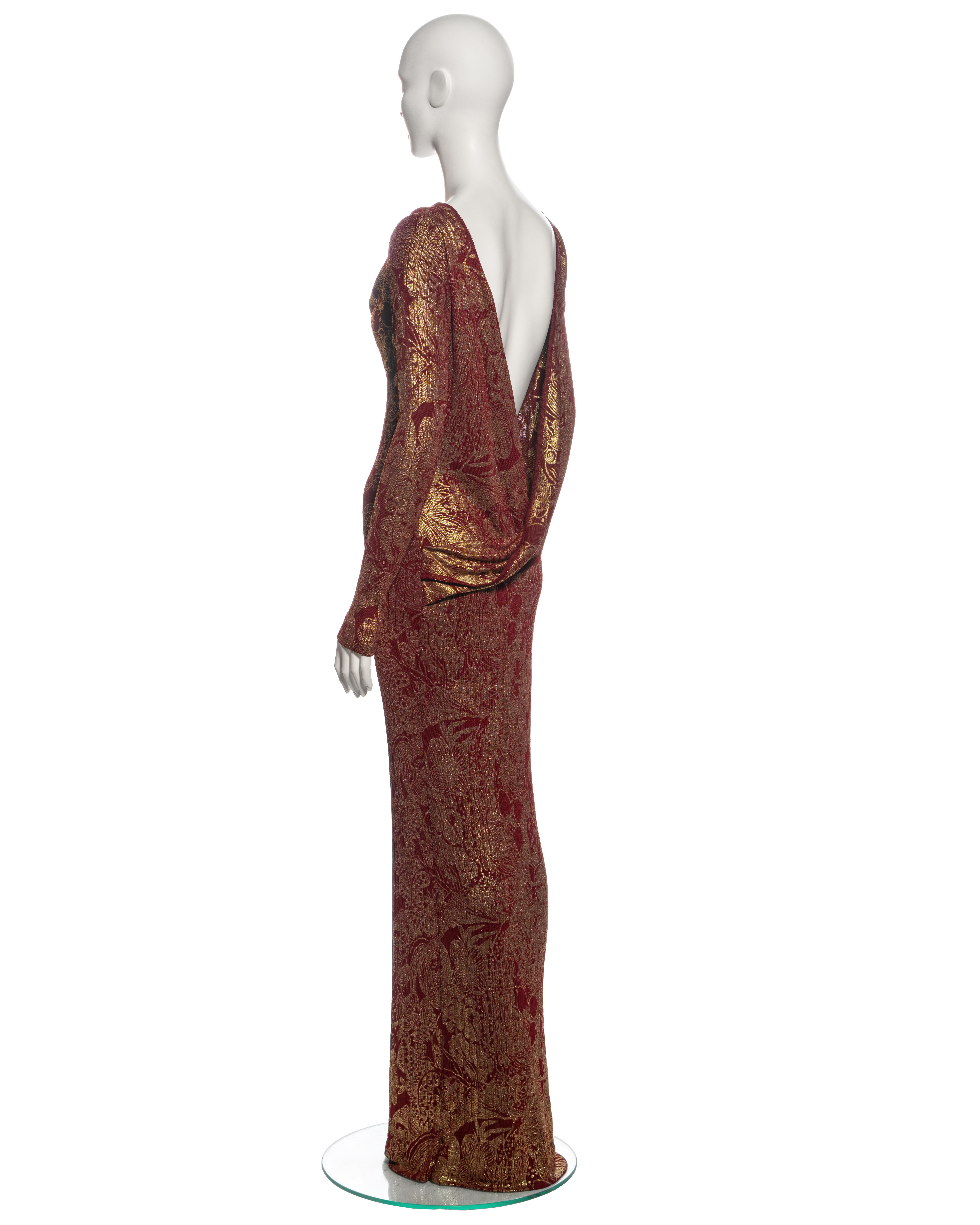 John Galliano Bordeaux Knit Evening Dress with Gold Foil Floral Print, fw 1998 For Sale 8
