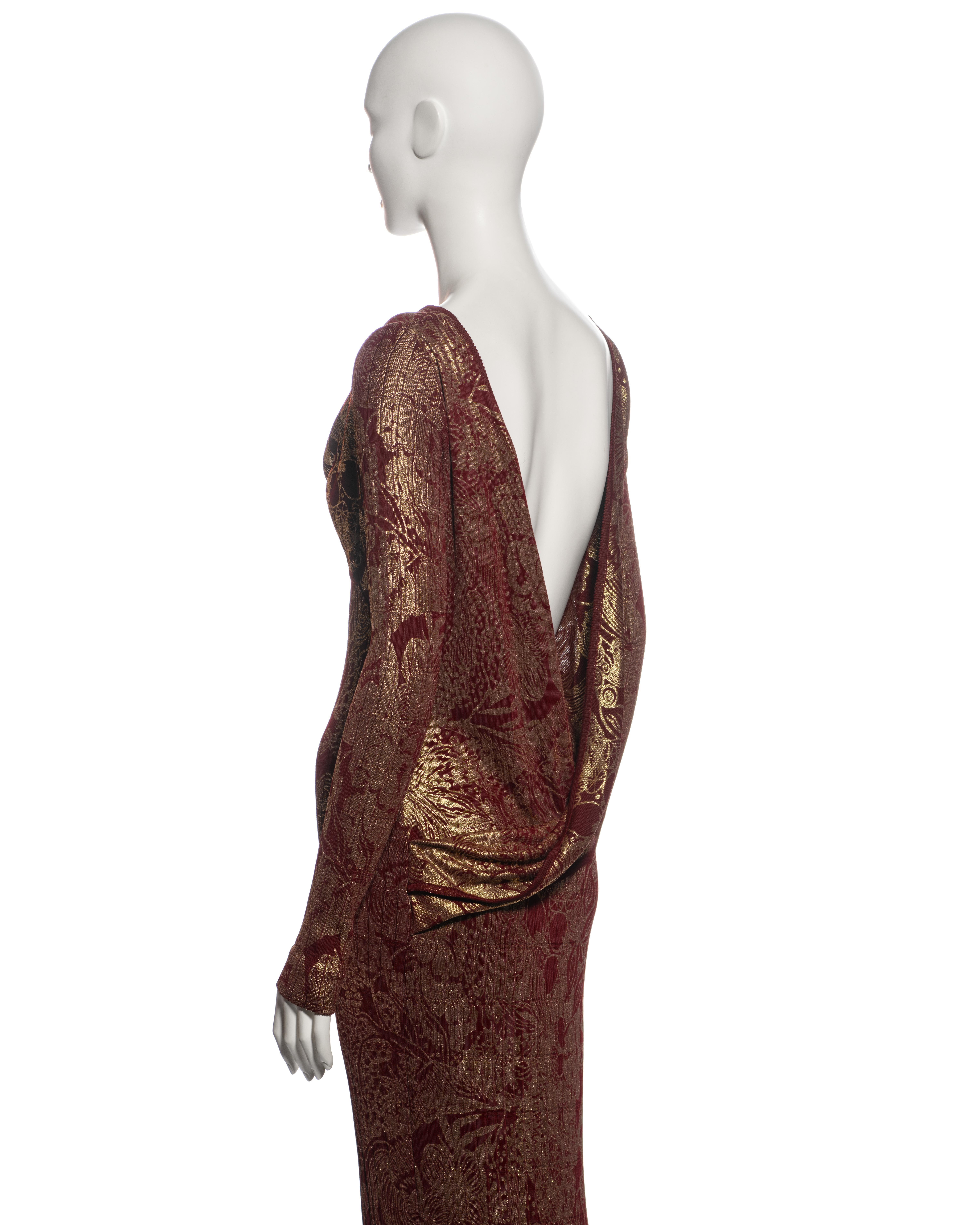 John Galliano Bordeaux Knit Evening Dress with Gold Foil Floral Print, fw 1998 For Sale 9