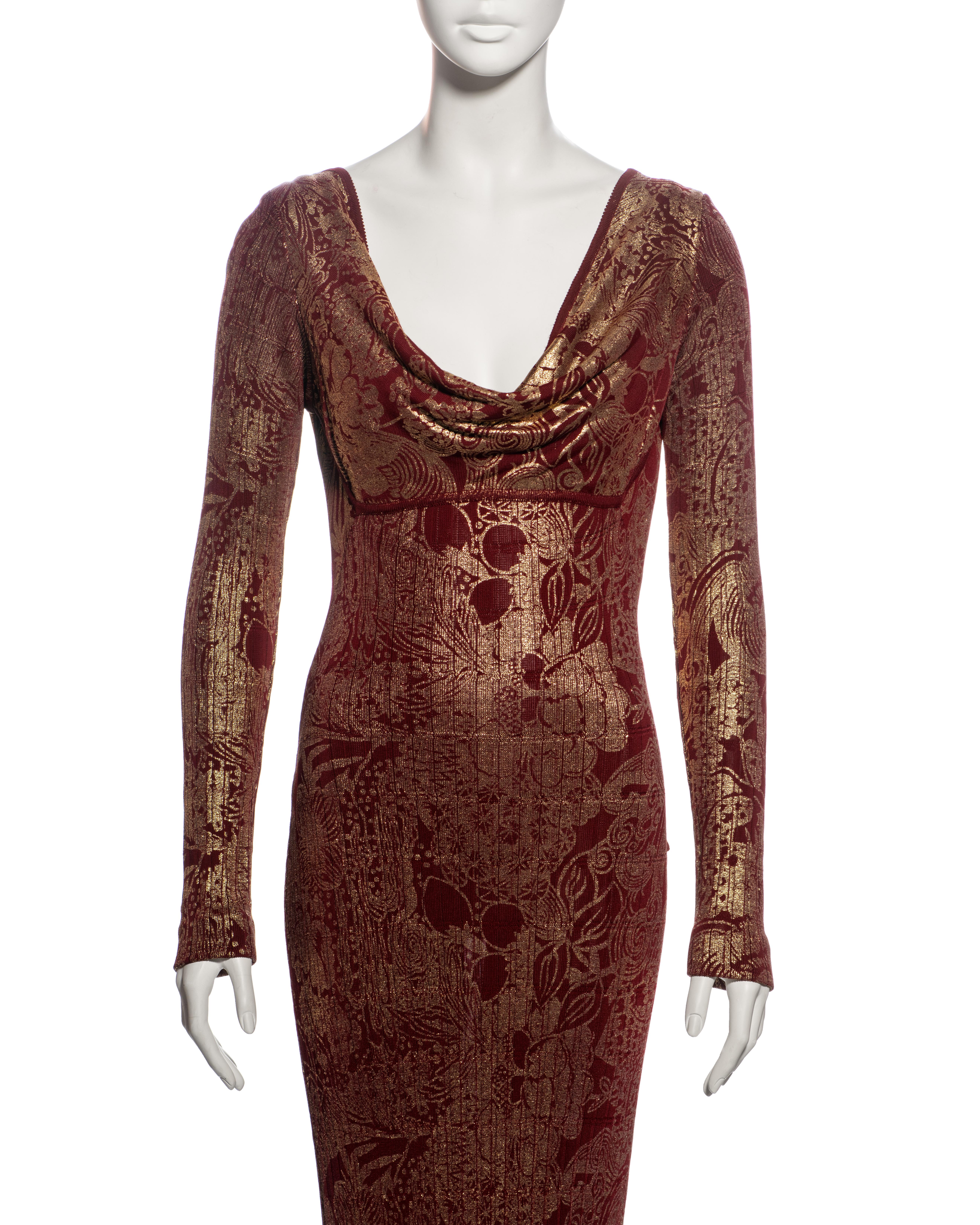 John Galliano Bordeaux Knit Evening Dress with Gold Foil Floral Print, fw 1998 In Excellent Condition For Sale In London, GB