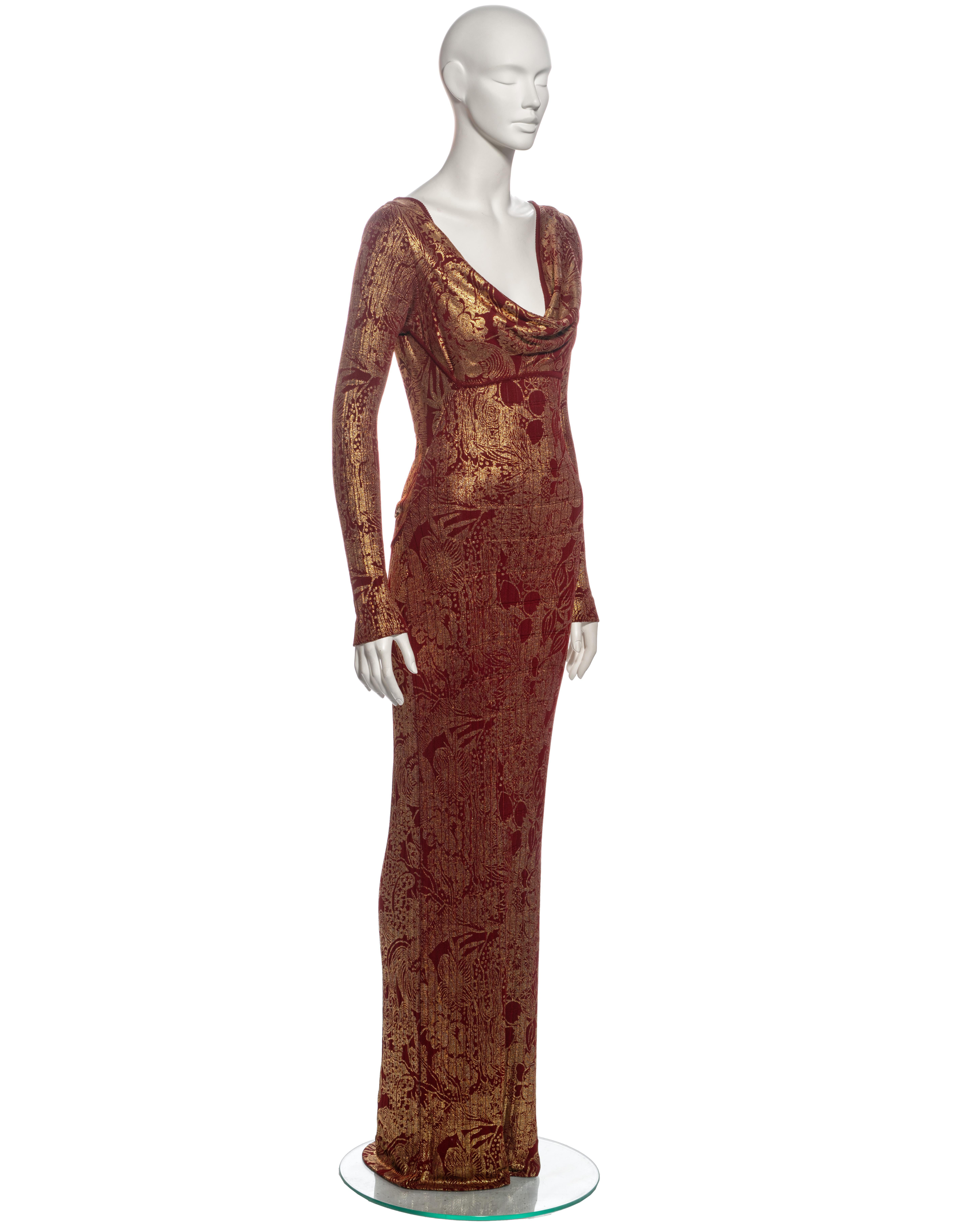 Women's John Galliano Bordeaux Knit Evening Dress with Gold Foil Floral Print, fw 1998 For Sale