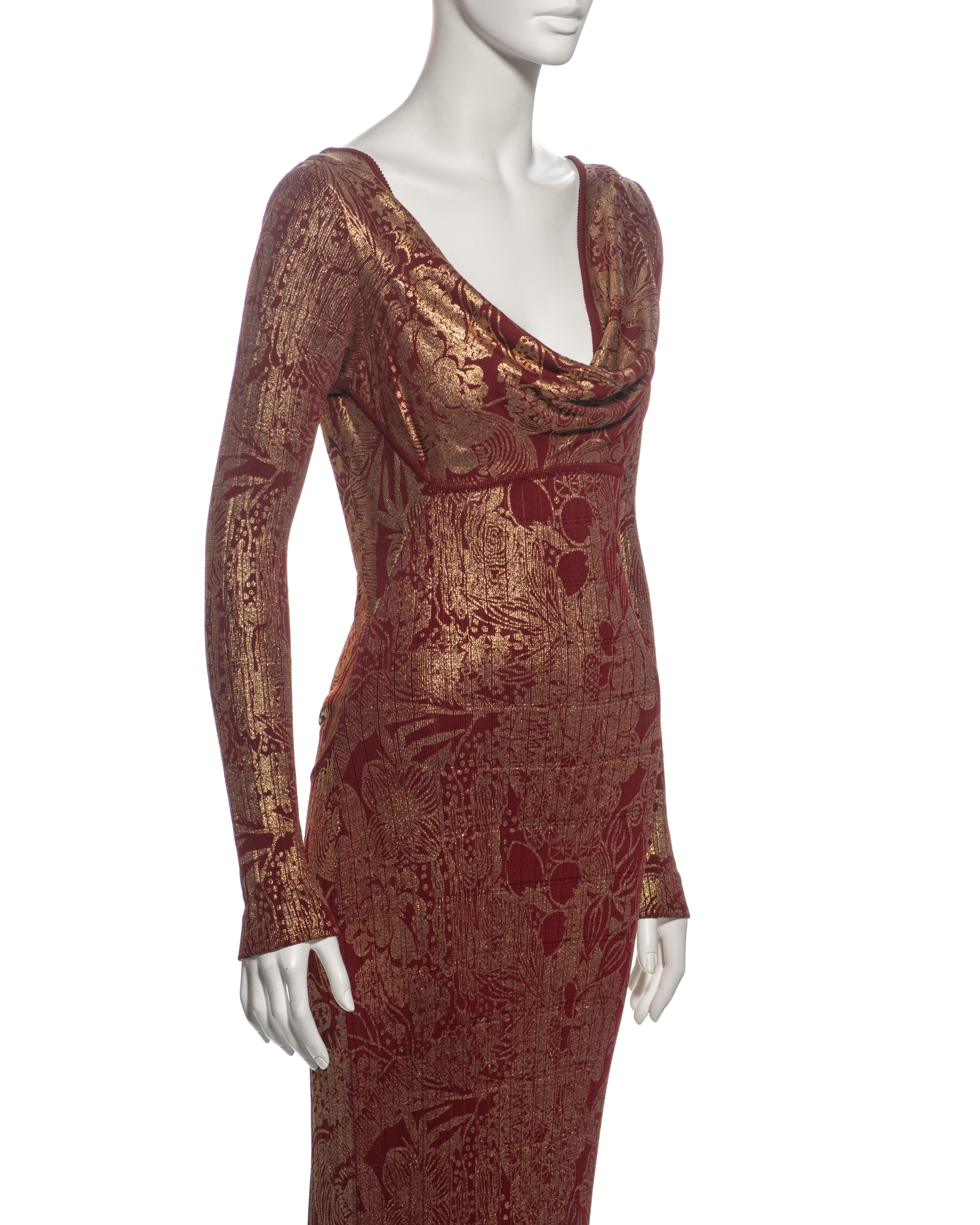 John Galliano Bordeaux Knit Evening Dress with Gold Foil Floral Print, fw 1998 For Sale 1