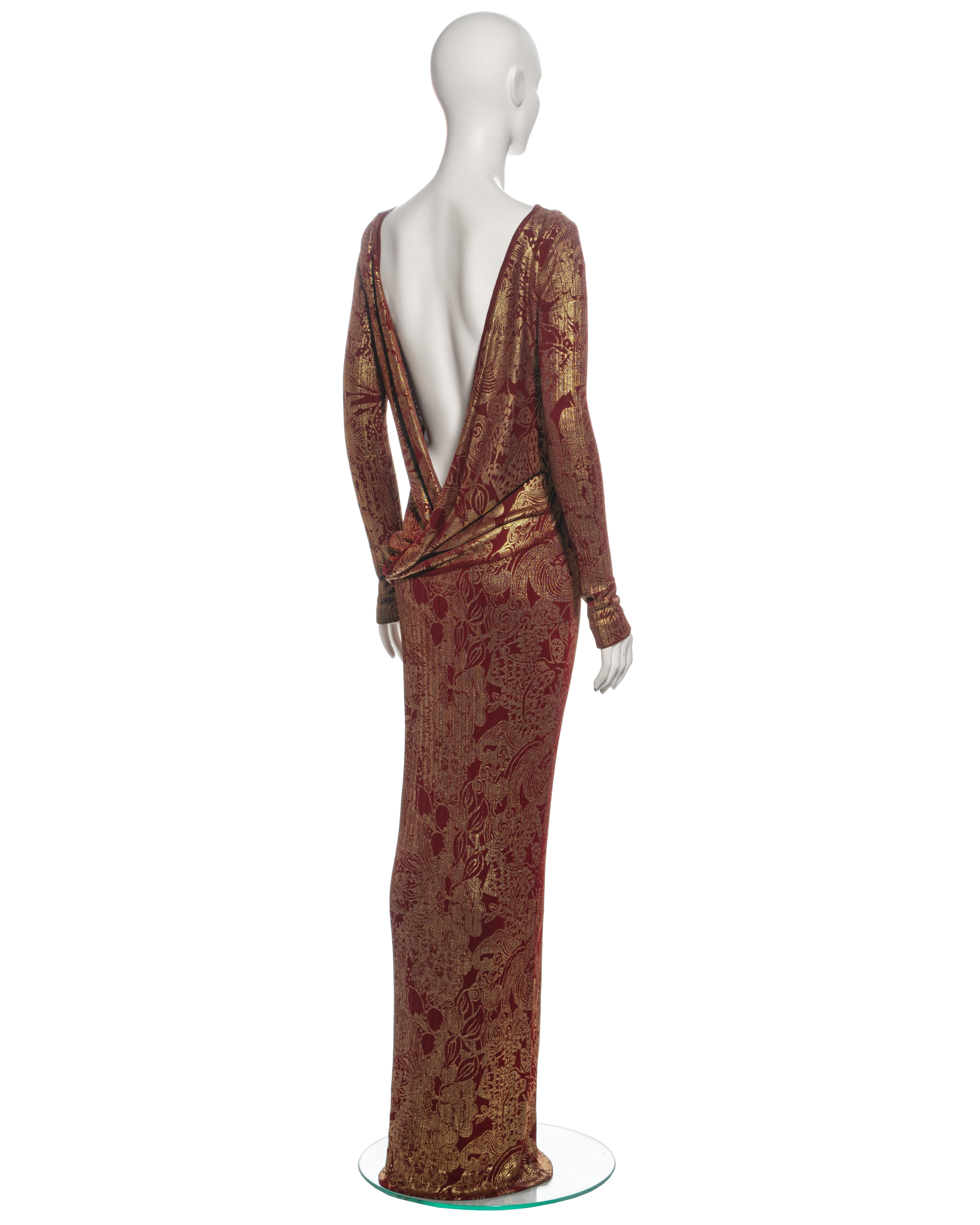 John Galliano Bordeaux Knit Evening Dress with Gold Foil Floral Print, fw 1998 For Sale 3