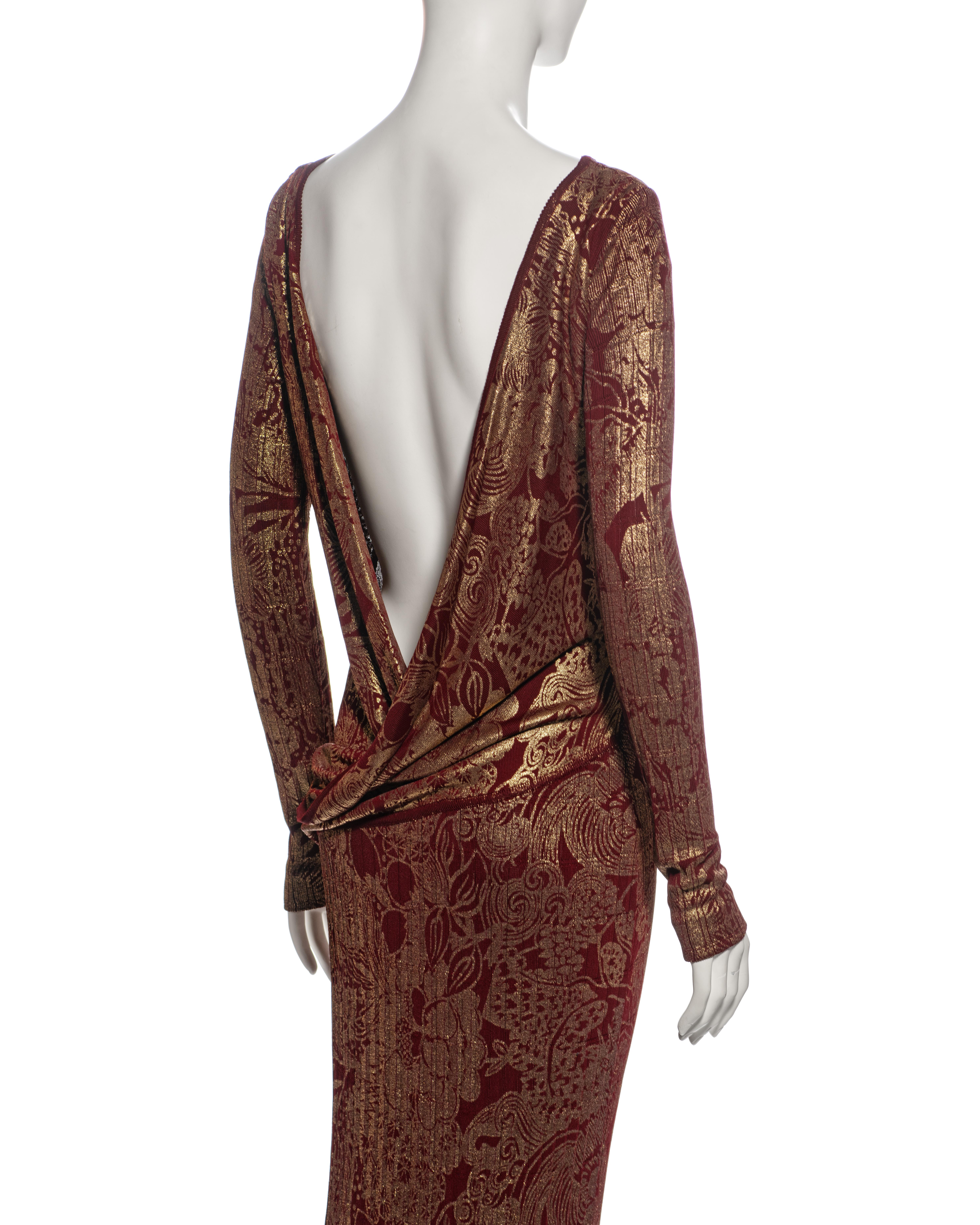 John Galliano Bordeaux Knit Evening Dress with Gold Foil Floral Print, fw 1998 For Sale 4