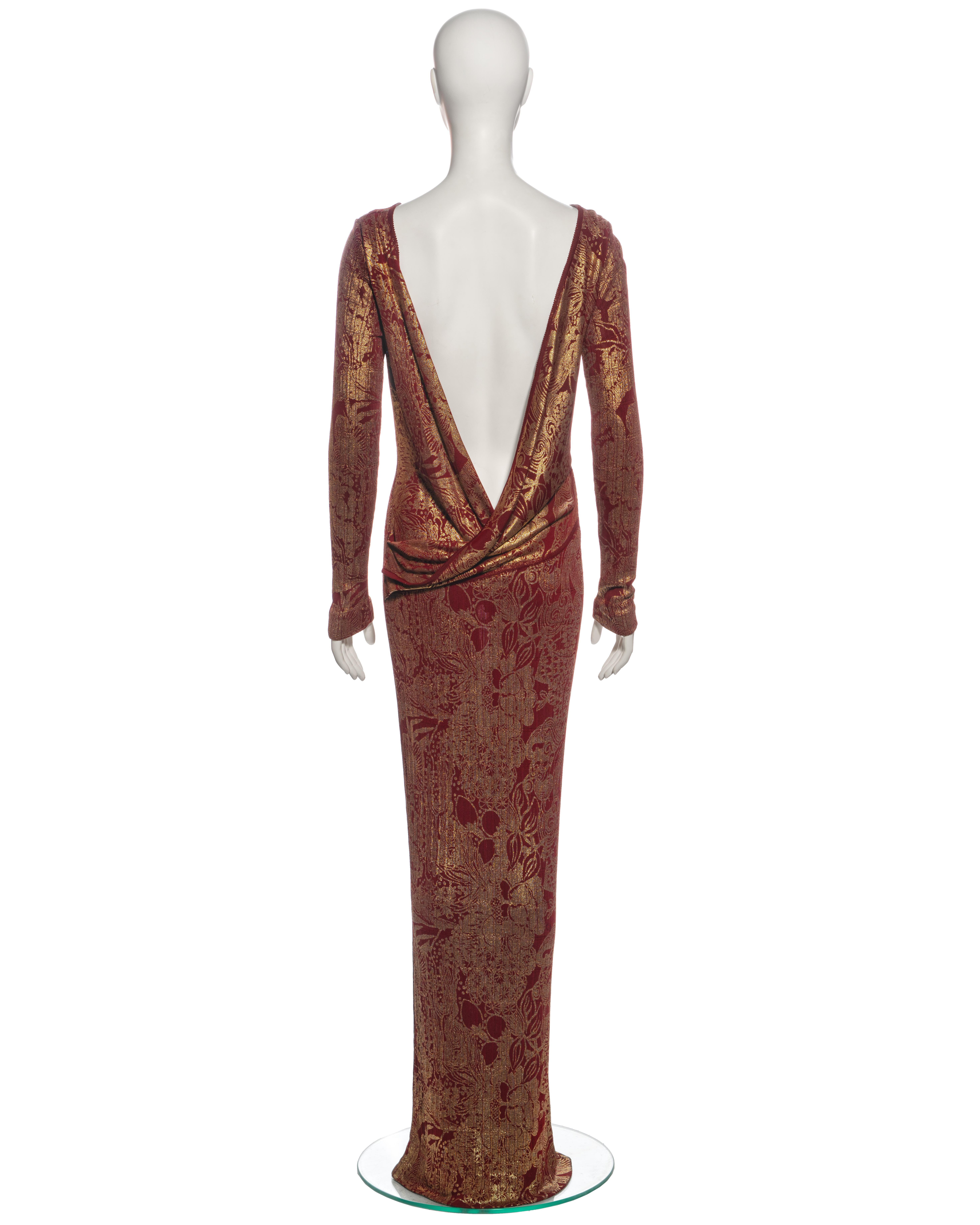 John Galliano Bordeaux Knit Evening Dress with Gold Foil Floral Print, fw 1998 For Sale 5