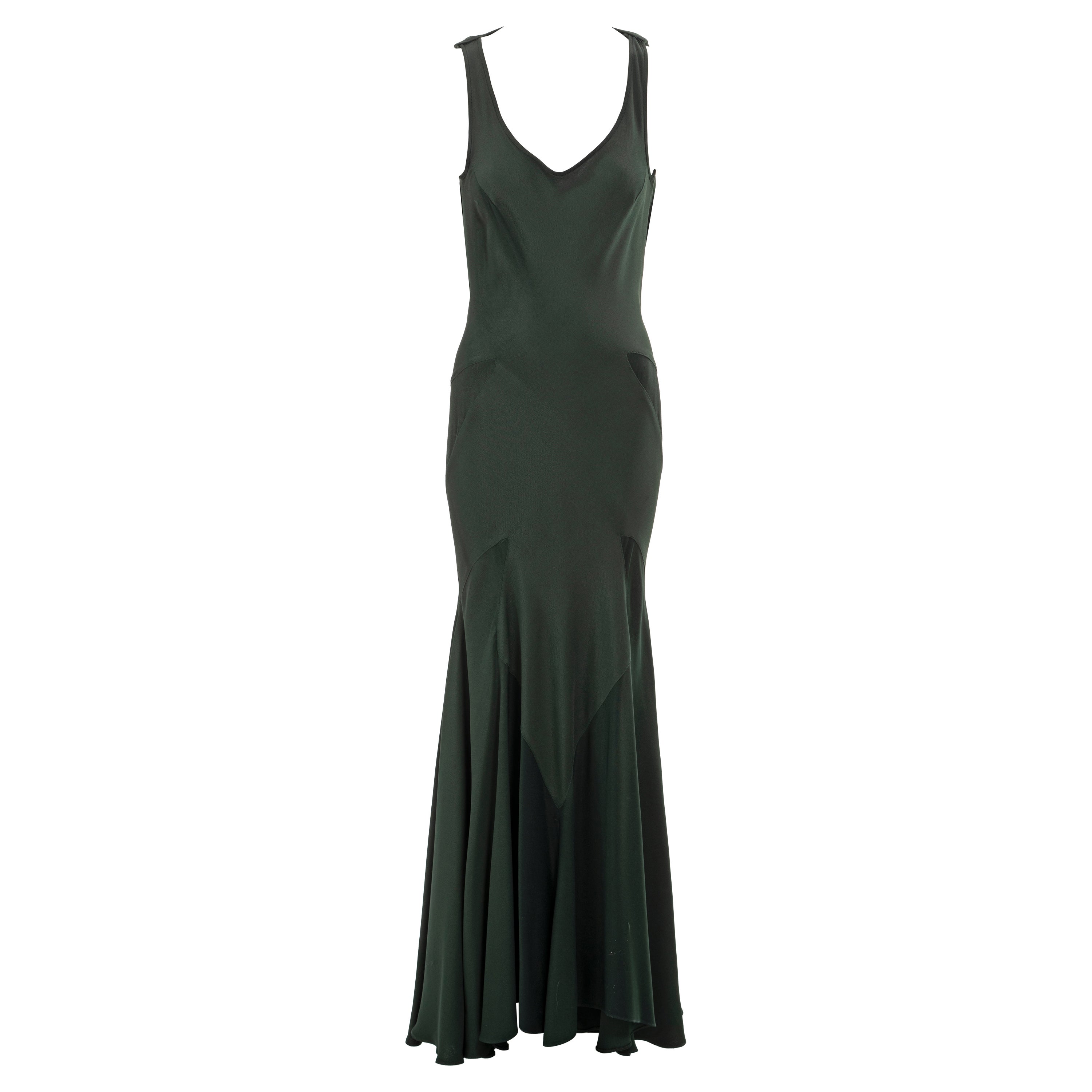 John Galliano, robe du soir en crêpe coupé en biais, vert bouteille, fw 1988