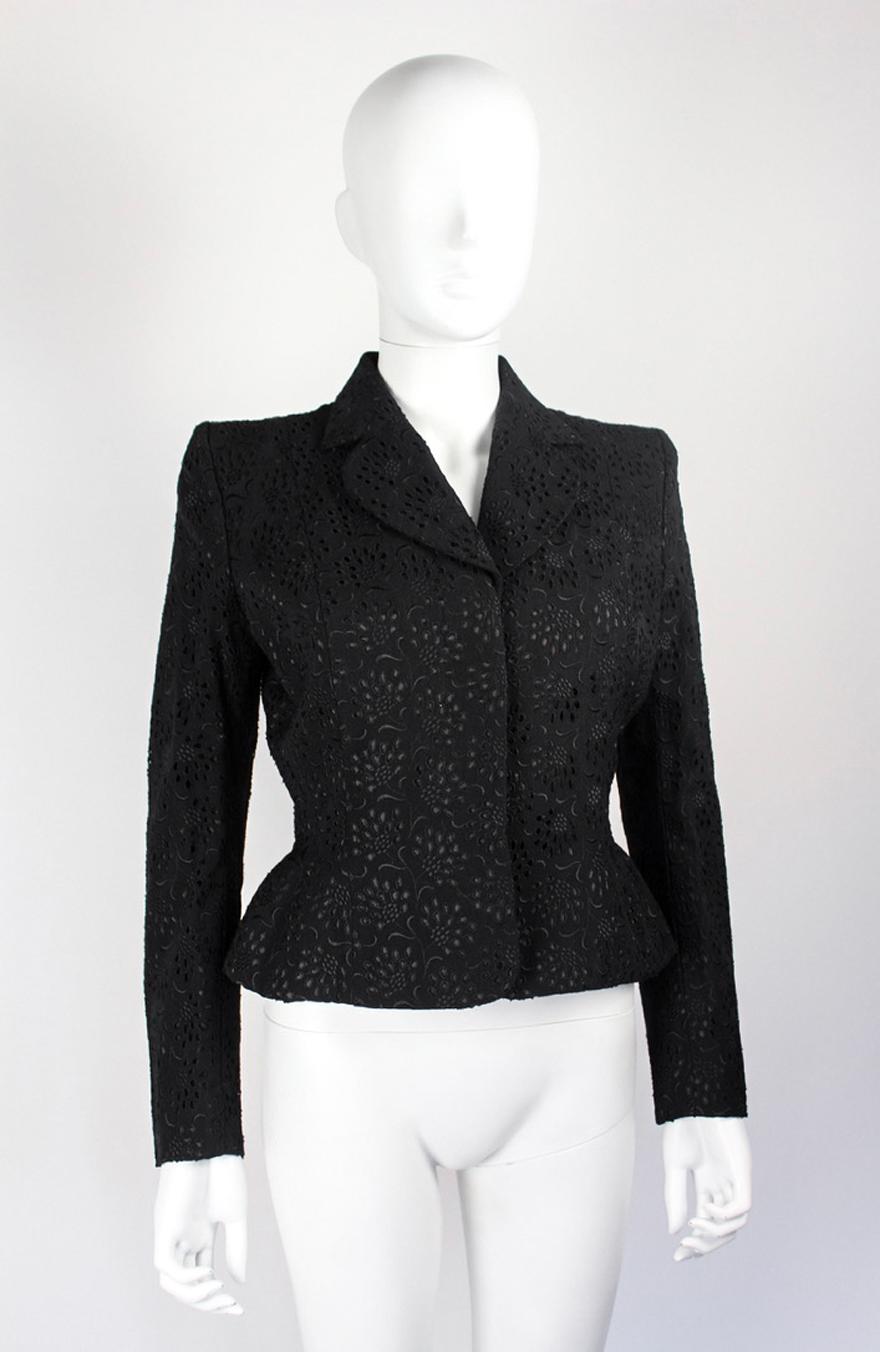John Galliano Spring/Summer 1996 black broderie cutwork jacket, with peplum detail. As seen on the runway modelled by Carla Bruni.

Condition
Excellent

Marked Size
FR 38