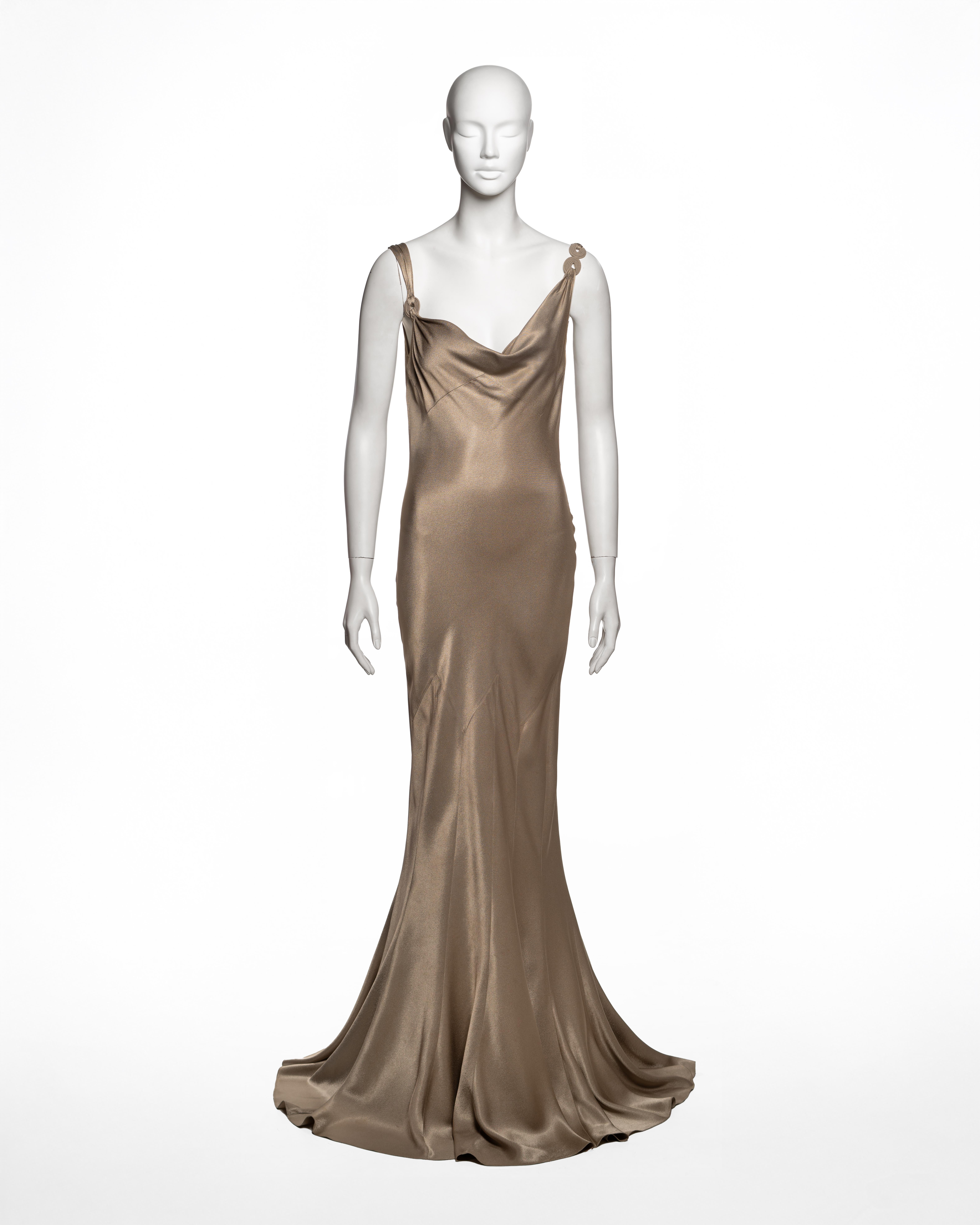 John Galliano Bronze Schrägschnitt-Satin-Abendkleid und Fransenschal, SS 2000 im Angebot 1