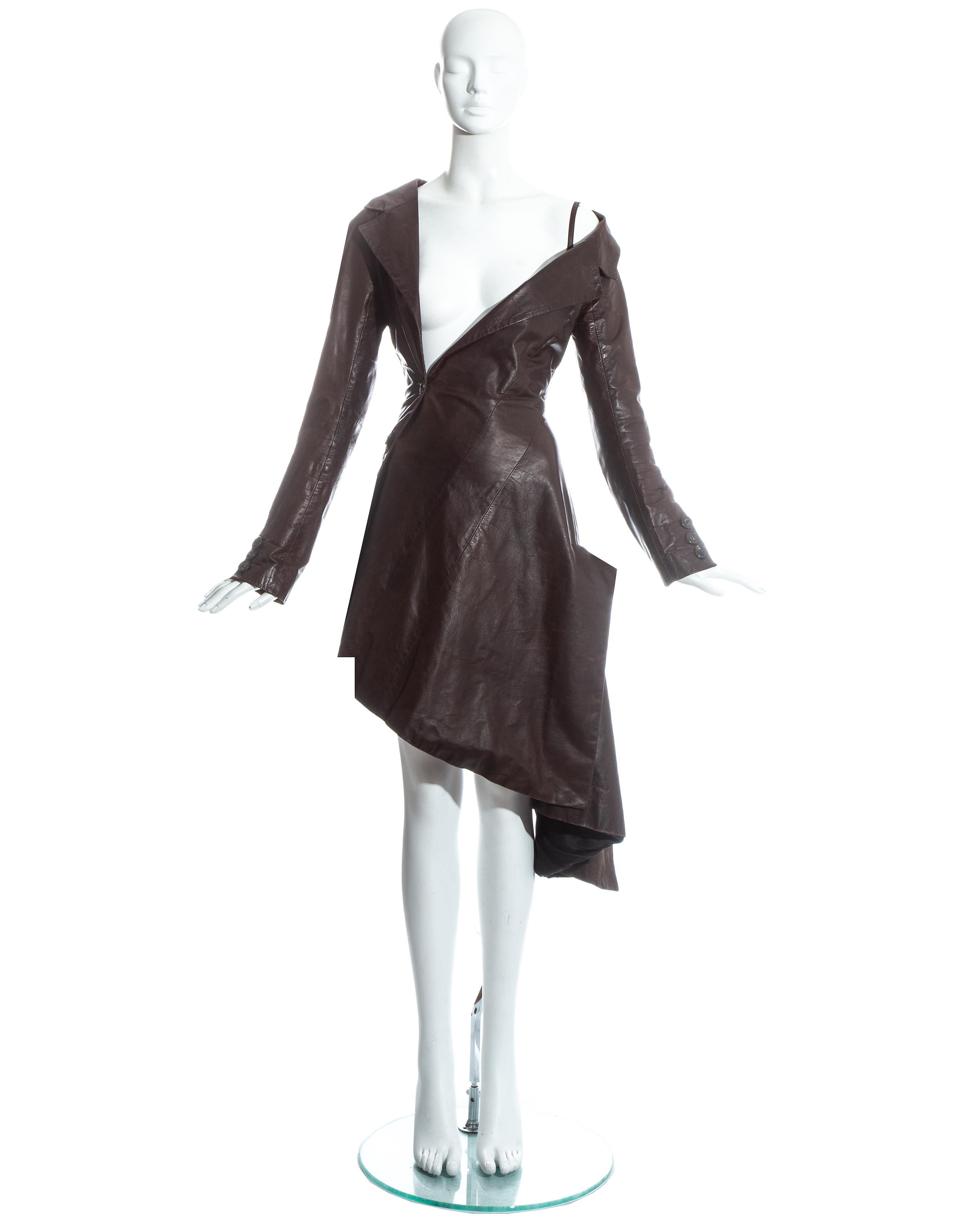 Black John Galliano brown bias cut leather twisted coat dress, fw 2000