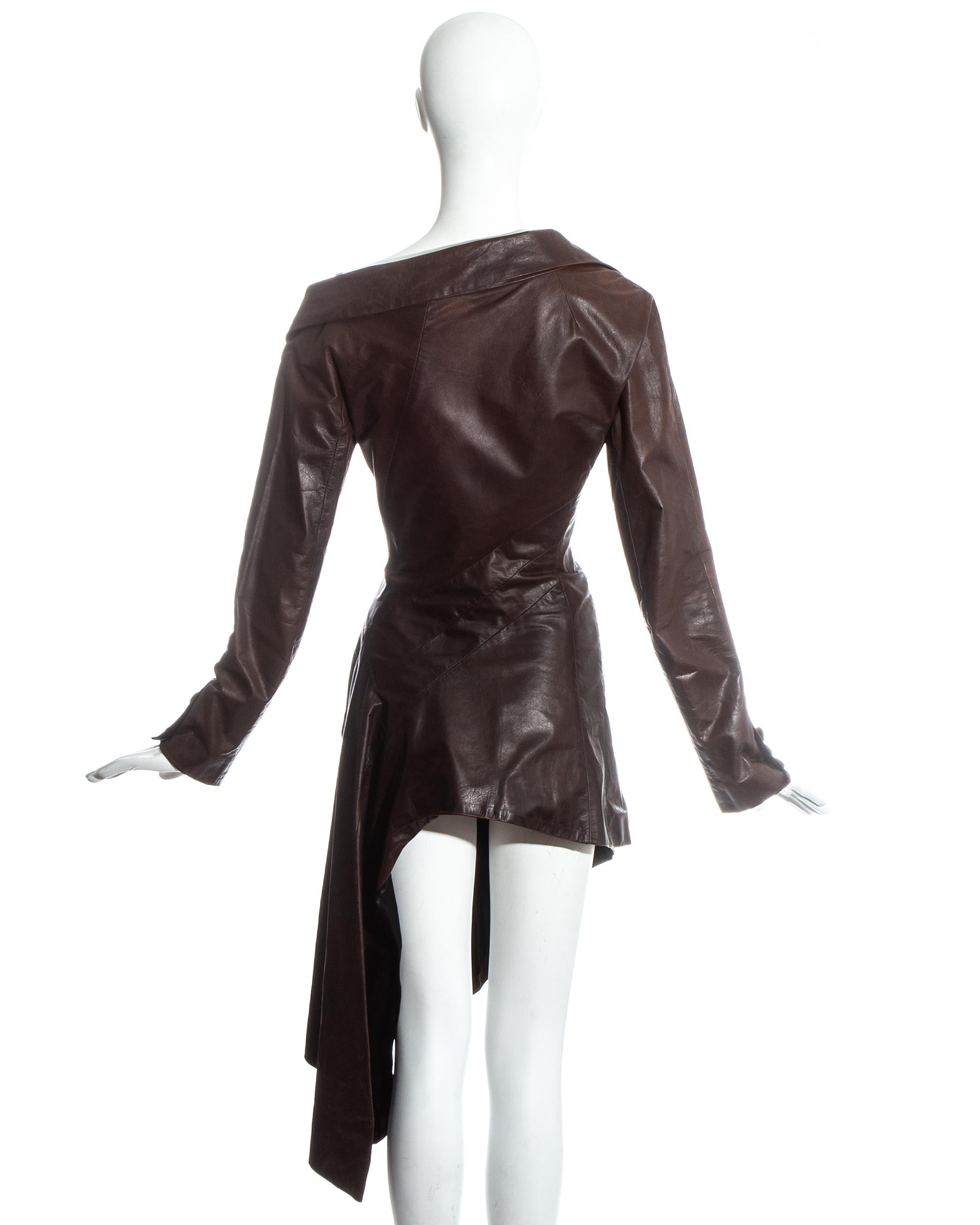 John Galliano brown bias cut leather twisted coat dress, fw 2000 2