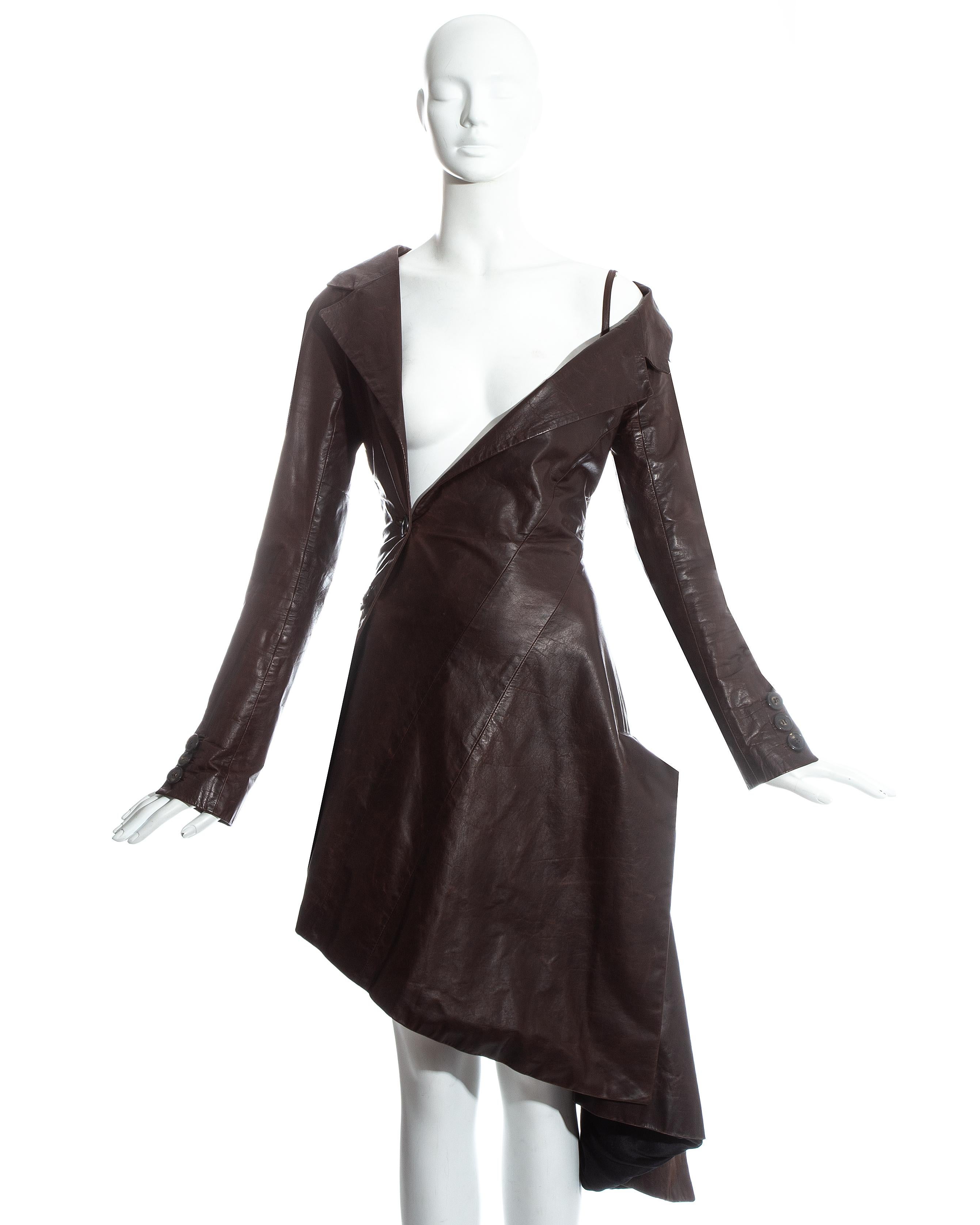 John Galliano brown bias cut leather twisted coat dress, fw 2000 3