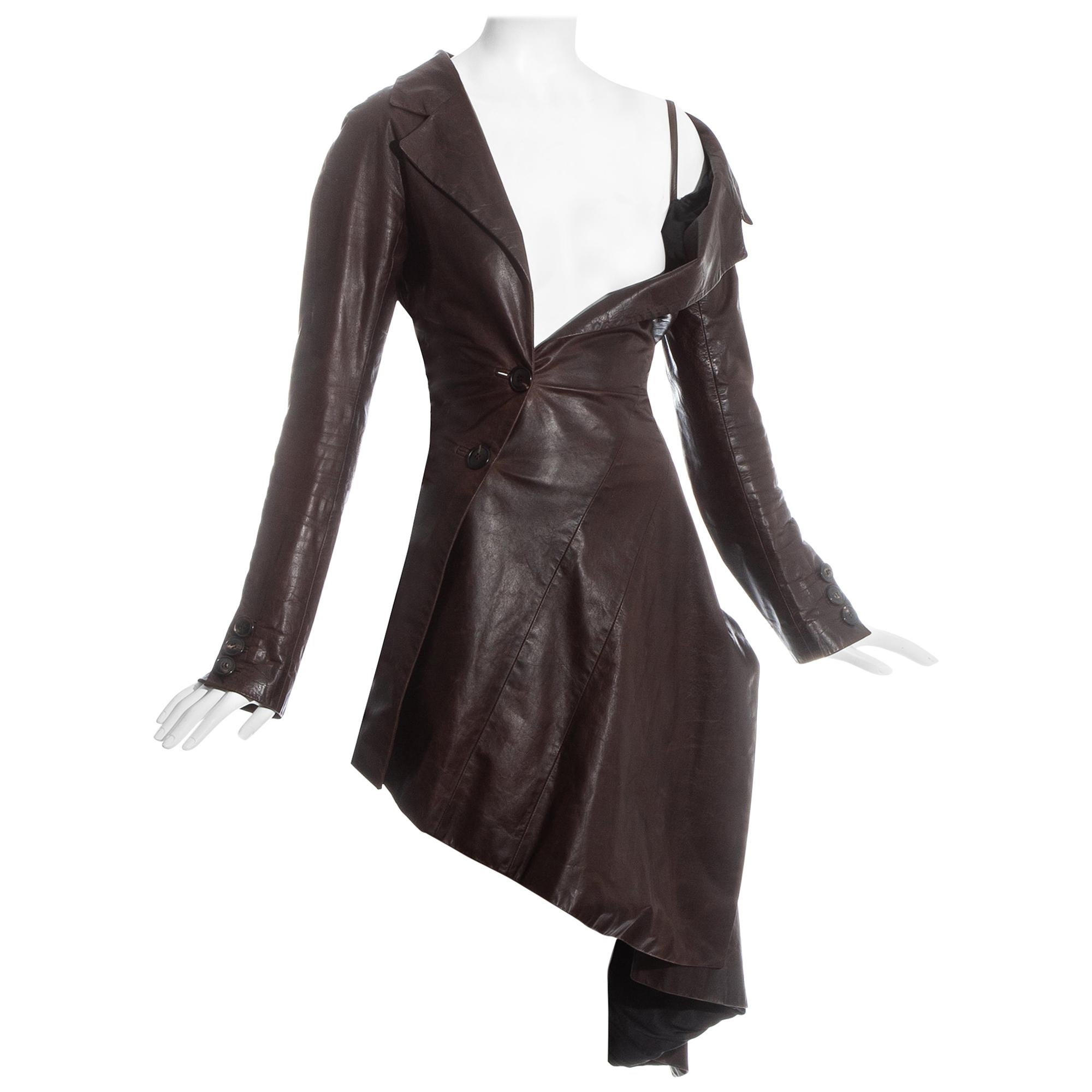 John Galliano brown bias cut leather twisted coat dress, fw 2000