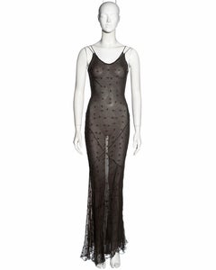 John Galliano brown embroidered bias cut silk chiffon evening dress, ss 1994