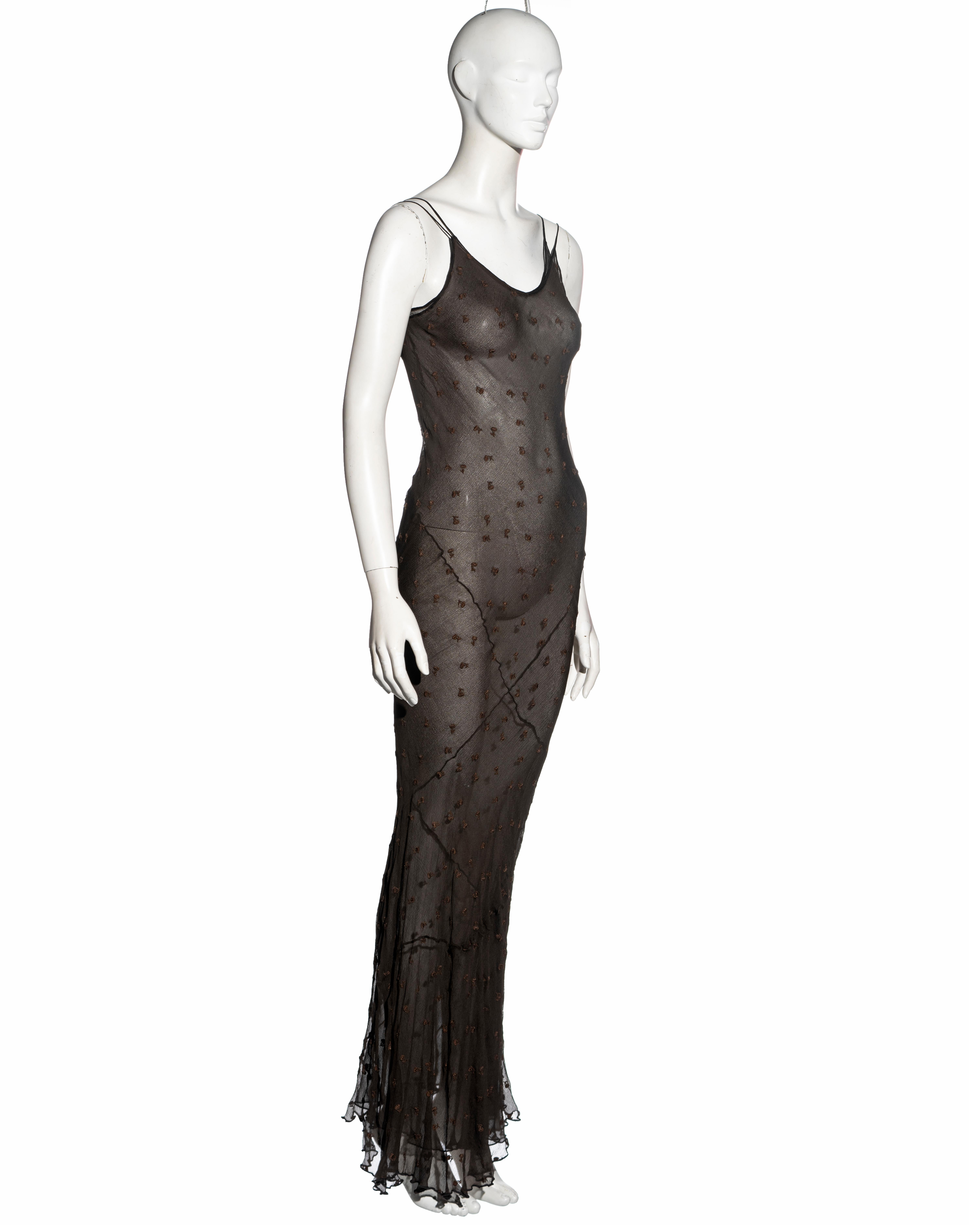 John Galliano brown embroidered bias cut silk chiffon evening dress, ss 1994 In Excellent Condition In London, GB