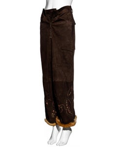 John Galliano brown embroidered suede cargo pants with fur trim, fw 2003