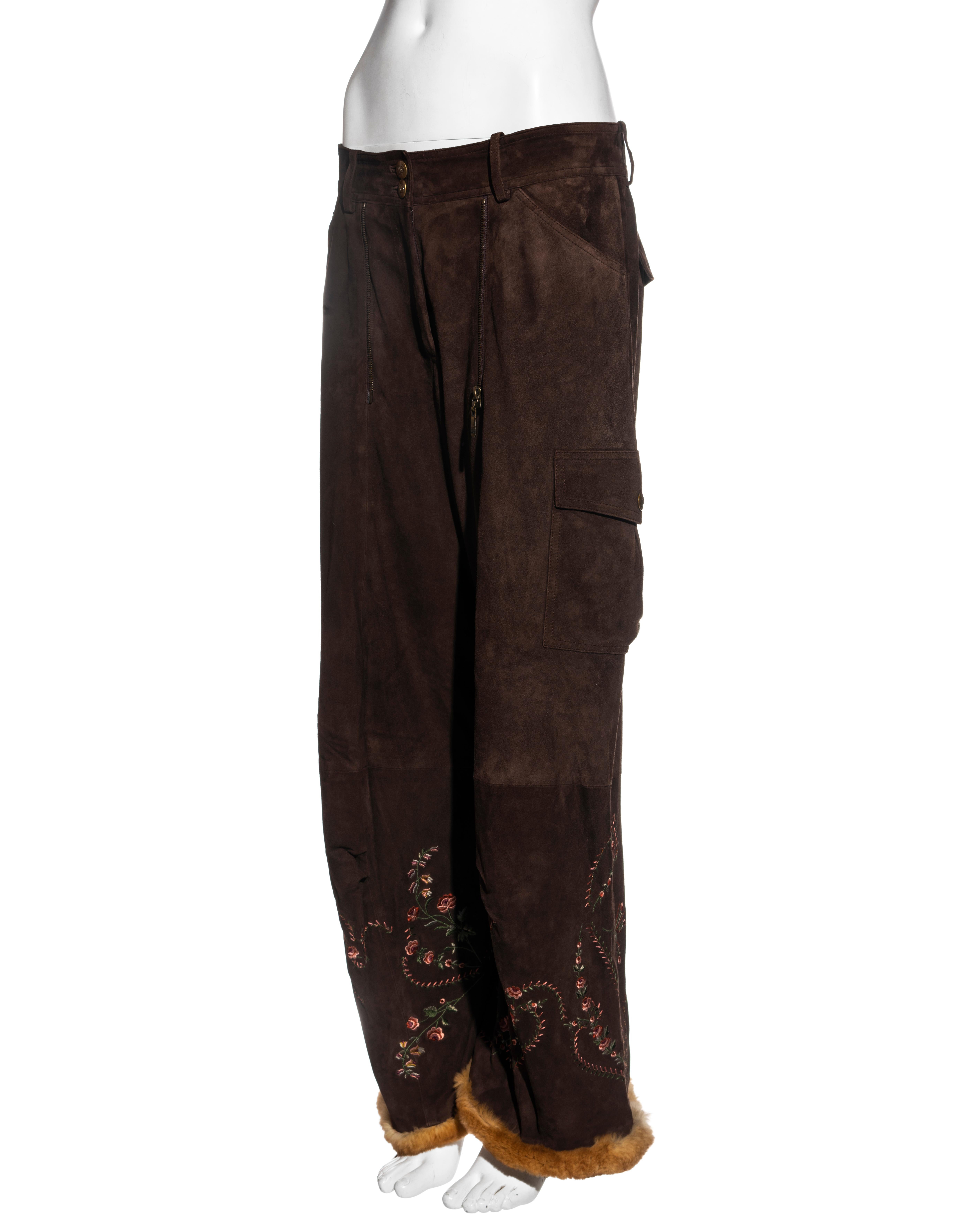 Black John Galliano brown embroidered suede cargo pants with fur trim, fw 2003