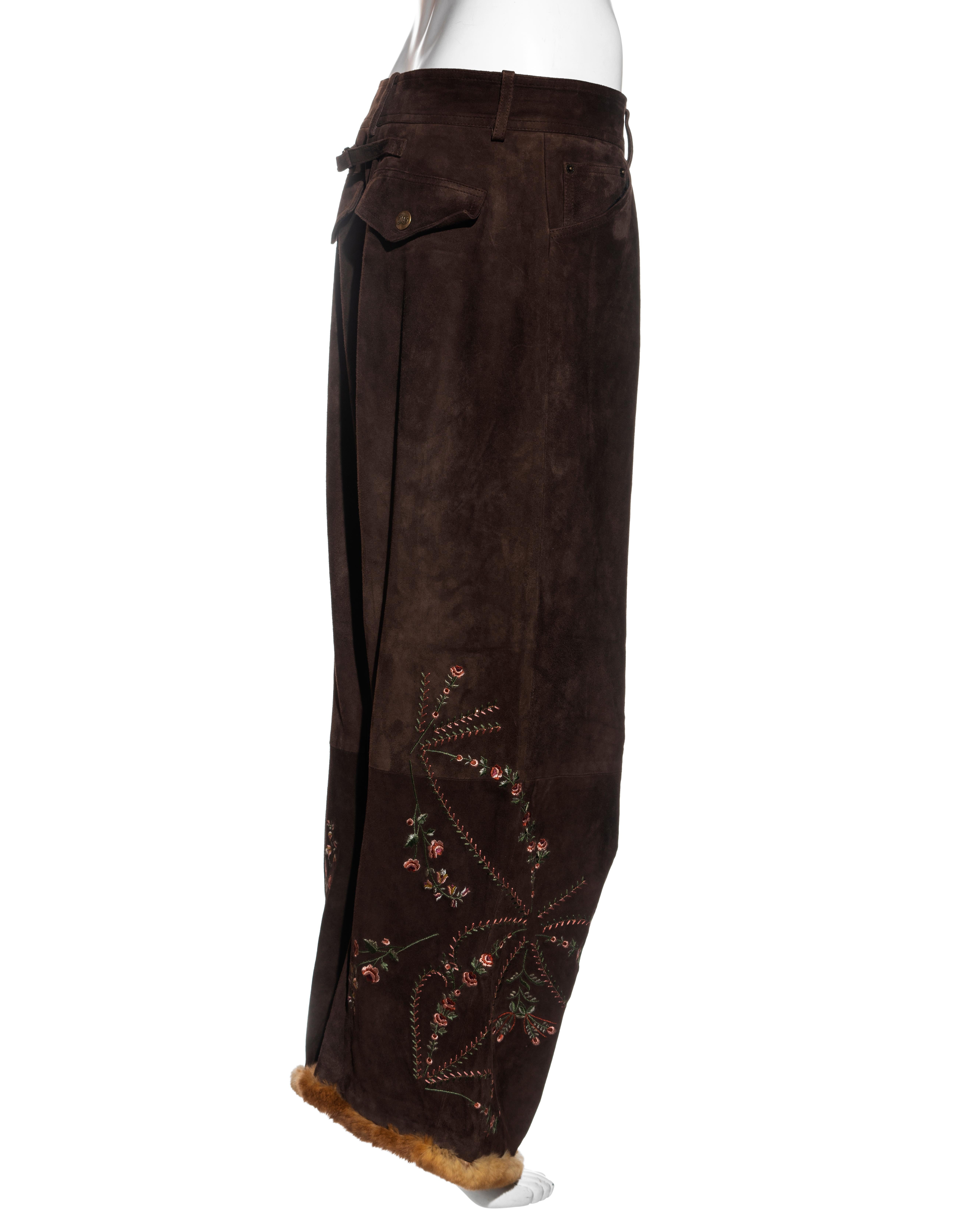 John Galliano brown embroidered suede cargo pants with fur trim, fw 2003 In Excellent Condition In London, GB